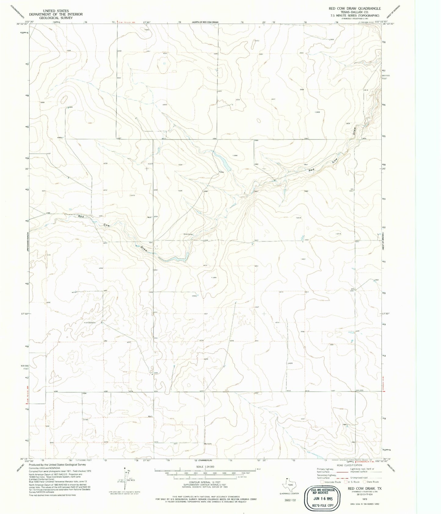 Classic USGS Red Cow Draw Texas 7.5'x7.5' Topo Map Image