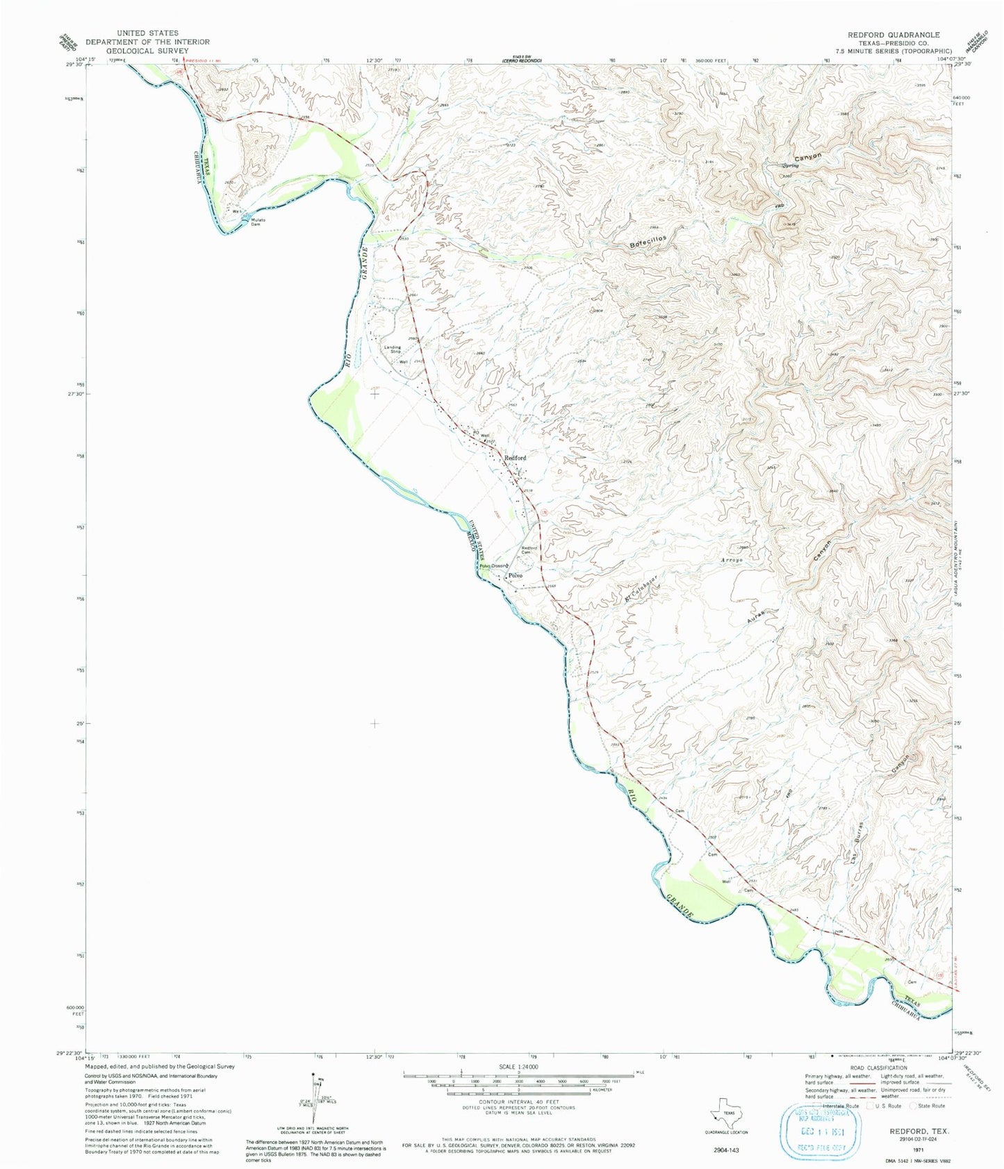 Classic USGS Redford Texas 7.5'x7.5' Topo Map Image