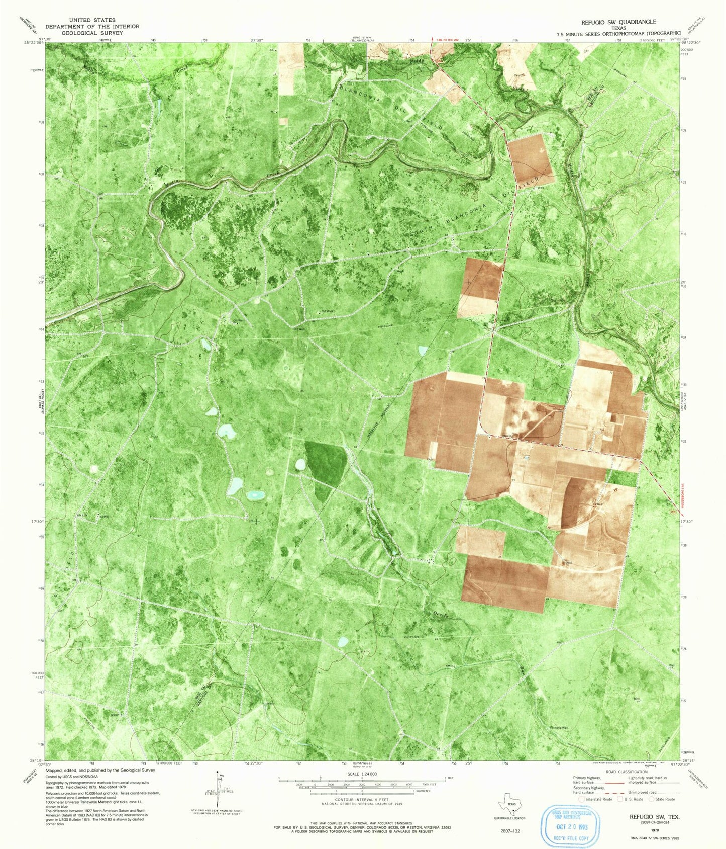 Classic USGS Refugio SW Texas 7.5'x7.5' Topo Map Image