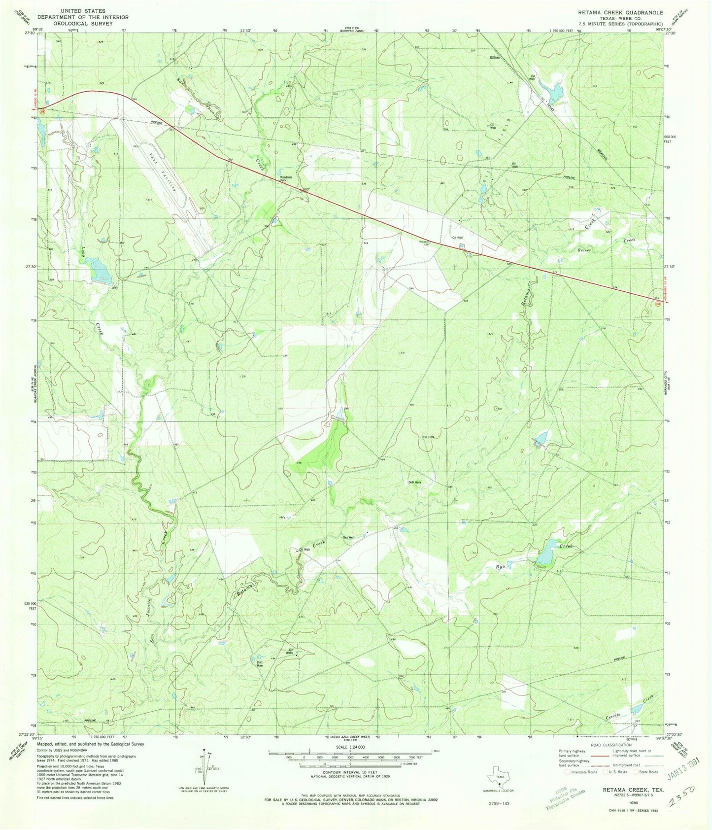 Classic USGS Retama Creek Texas 7.5'x7.5' Topo Map Image