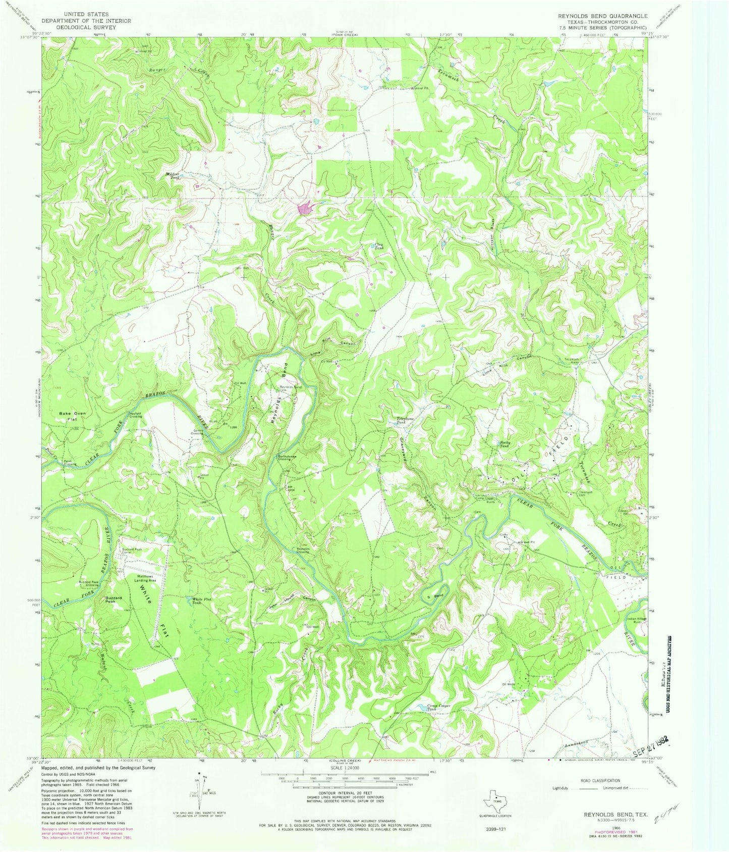 Classic USGS Reynolds Bend Texas 7.5'x7.5' Topo Map Image