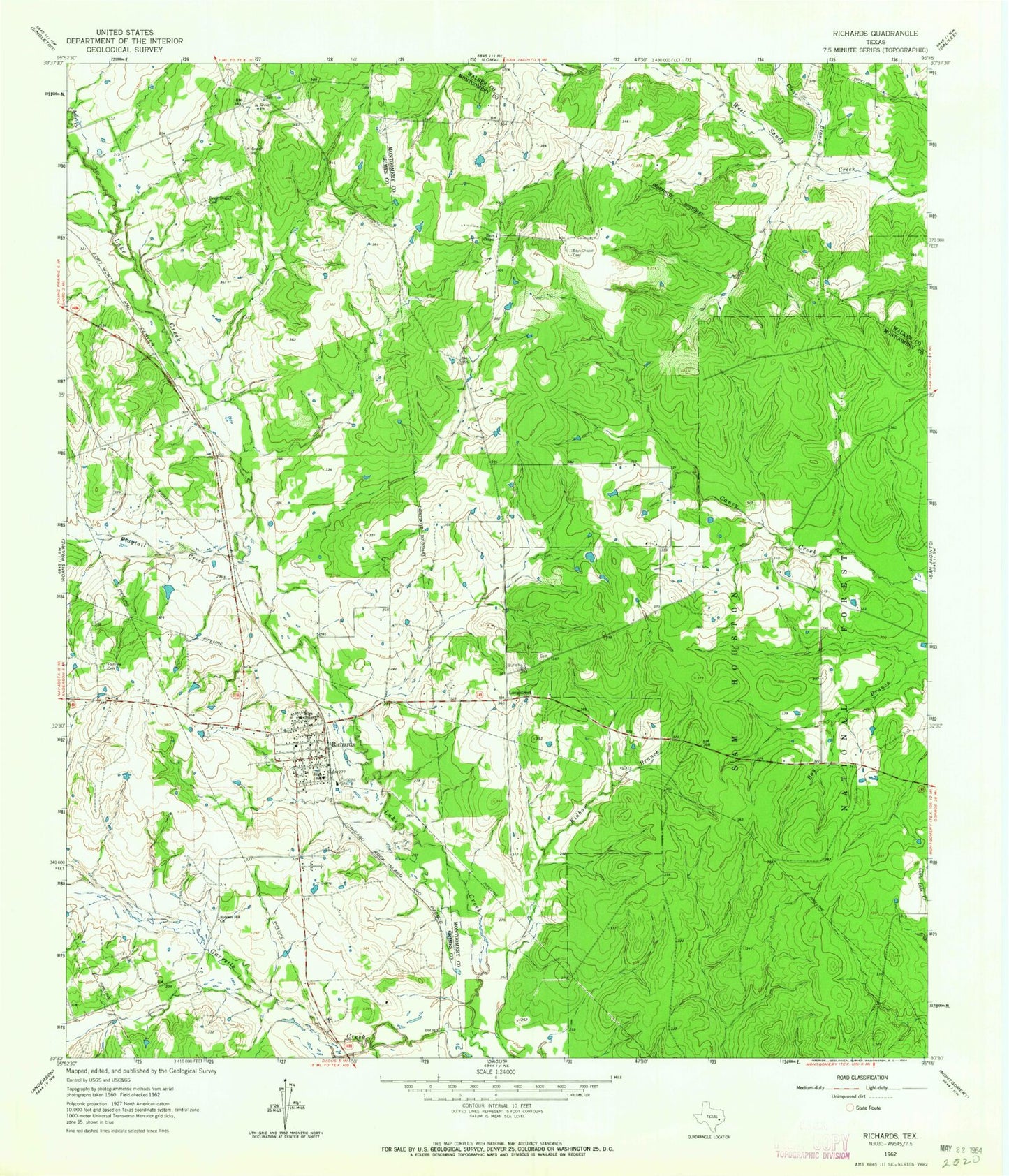 Classic USGS Richards Texas 7.5'x7.5' Topo Map Image