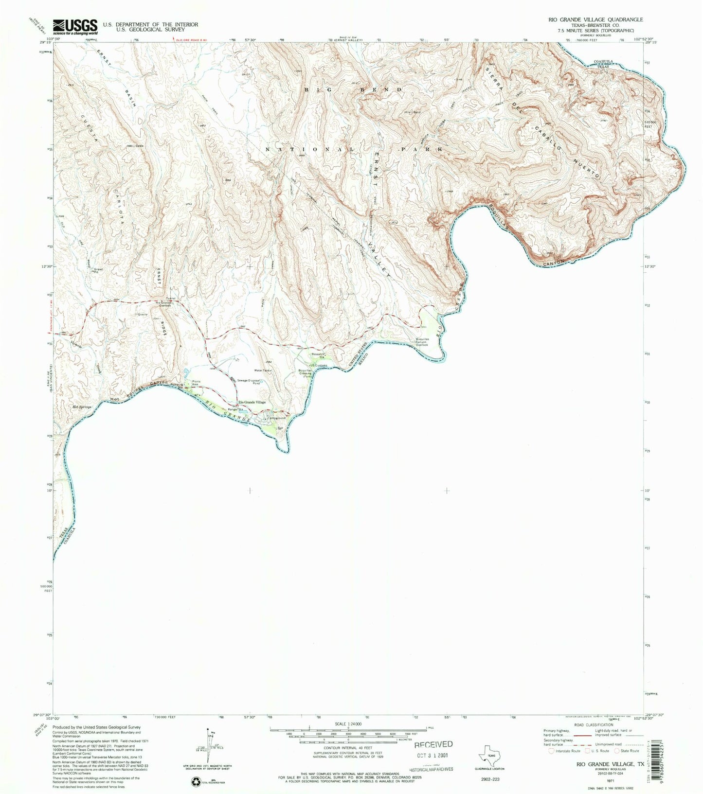 Classic USGS Rio Grande Village Texas 7.5'x7.5' Topo Map Image