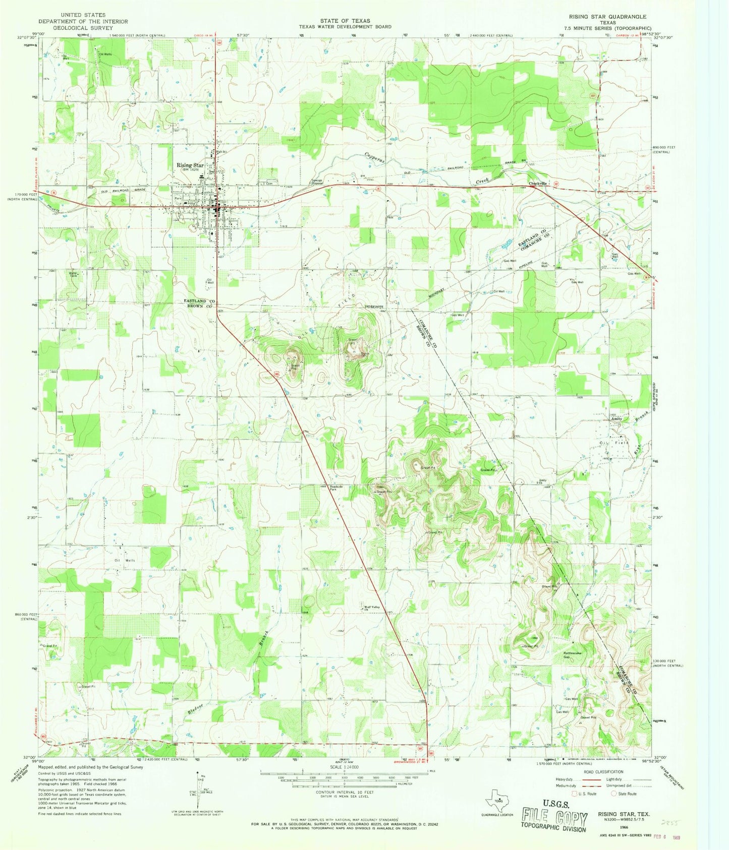 Classic USGS Rising Star Texas 7.5'x7.5' Topo Map Image