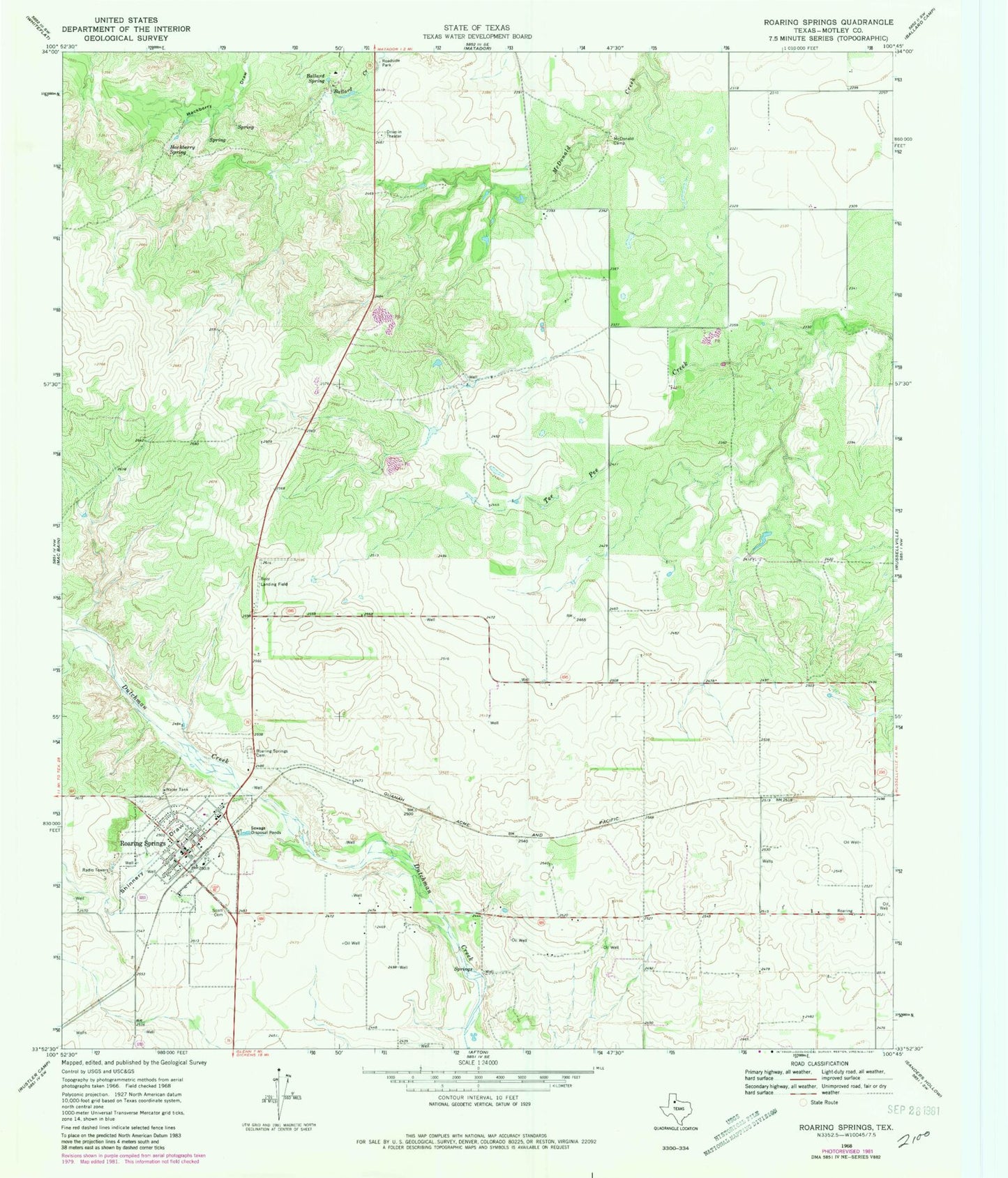Classic USGS Roaring Springs Texas 7.5'x7.5' Topo Map Image
