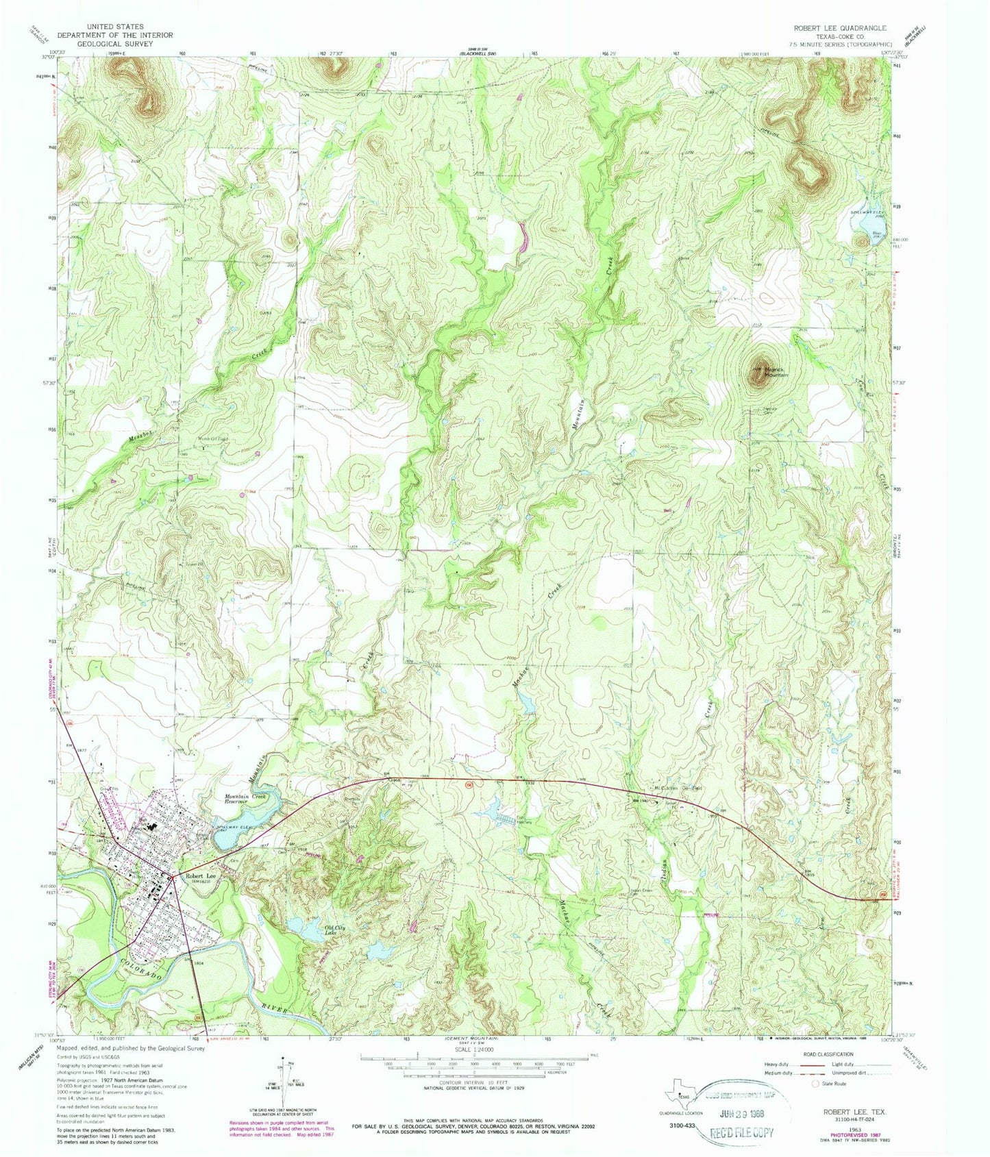 Classic USGS Robert Lee Texas 7.5'x7.5' Topo Map Image