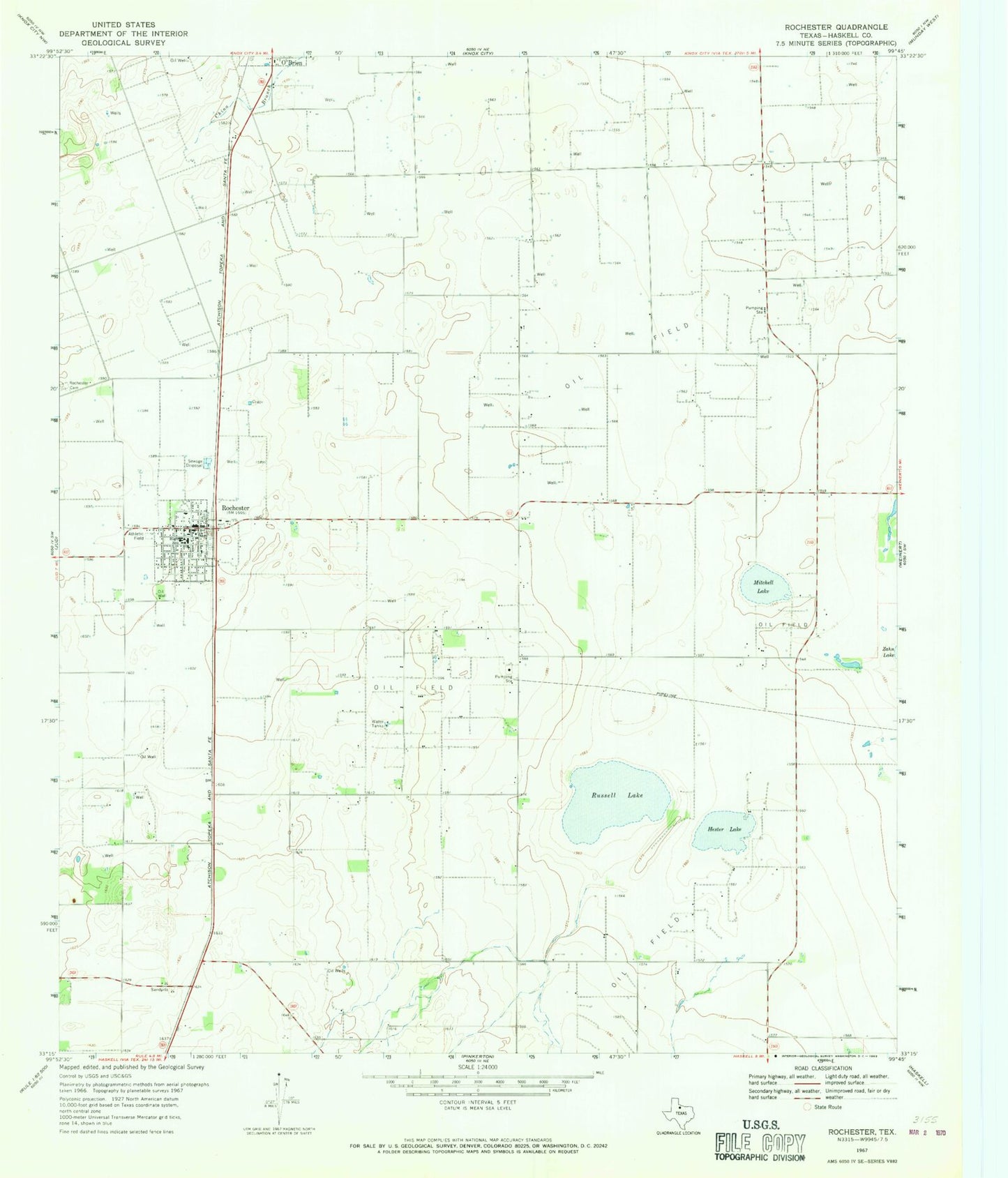 Classic USGS Rochester Texas 7.5'x7.5' Topo Map Image