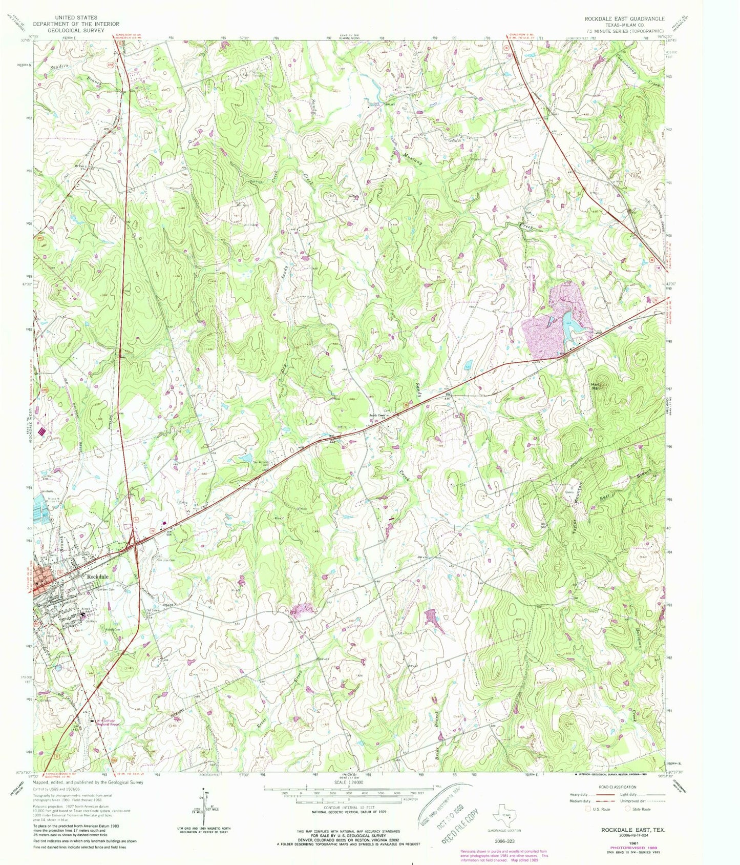 Classic USGS Rockdale East Texas 7.5'x7.5' Topo Map Image