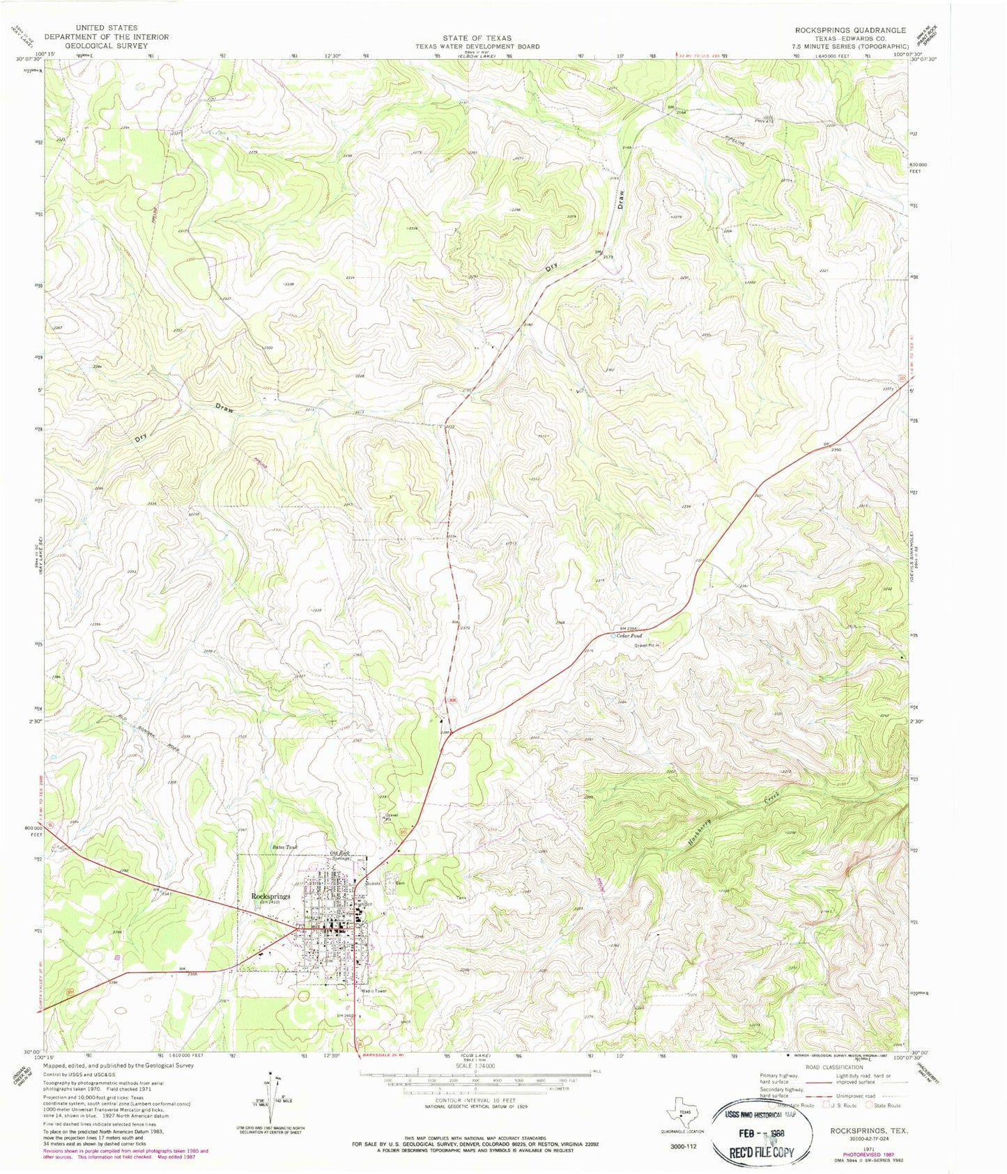 Classic USGS Rocksprings Texas 7.5'x7.5' Topo Map Image