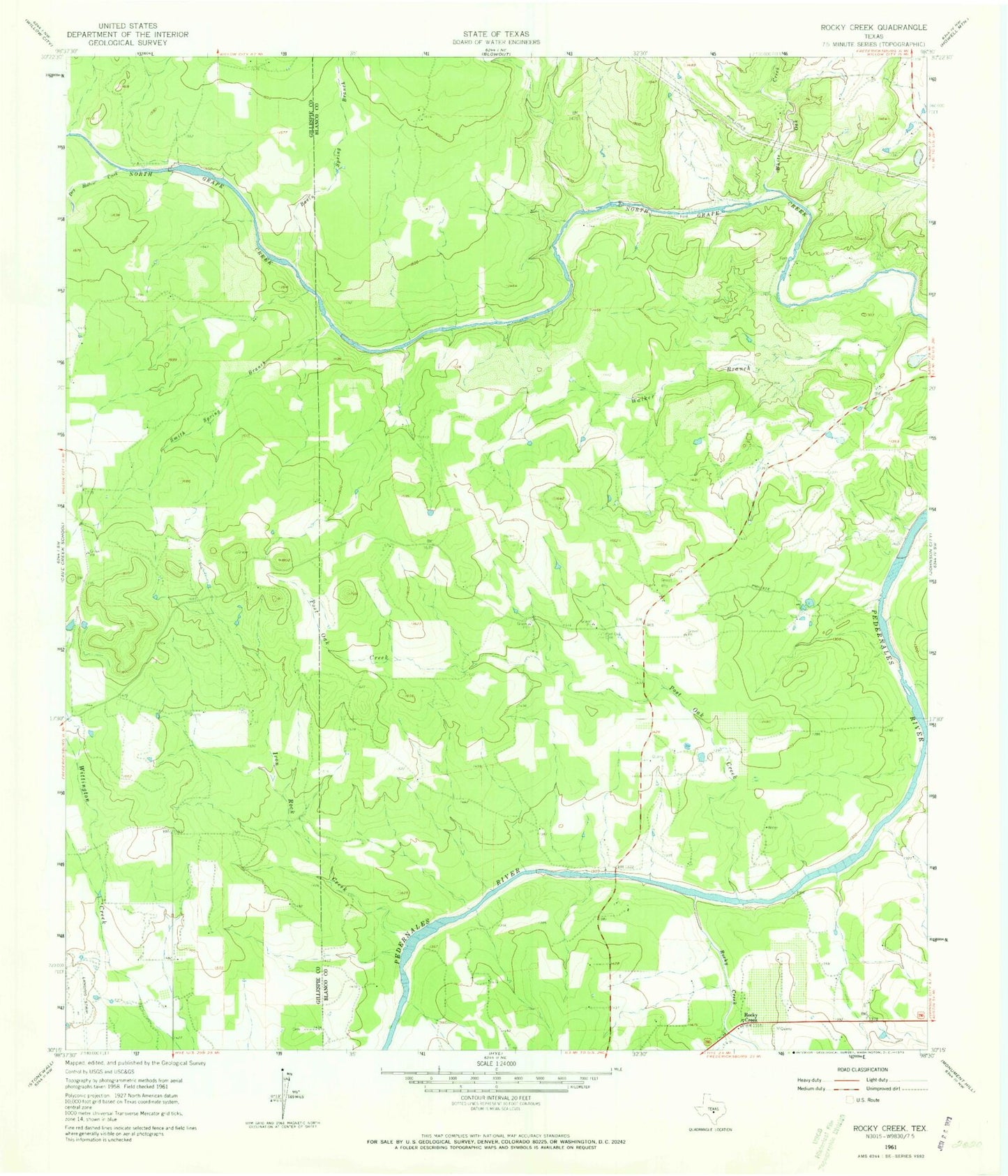 Classic USGS Rocky Creek Texas 7.5'x7.5' Topo Map Image