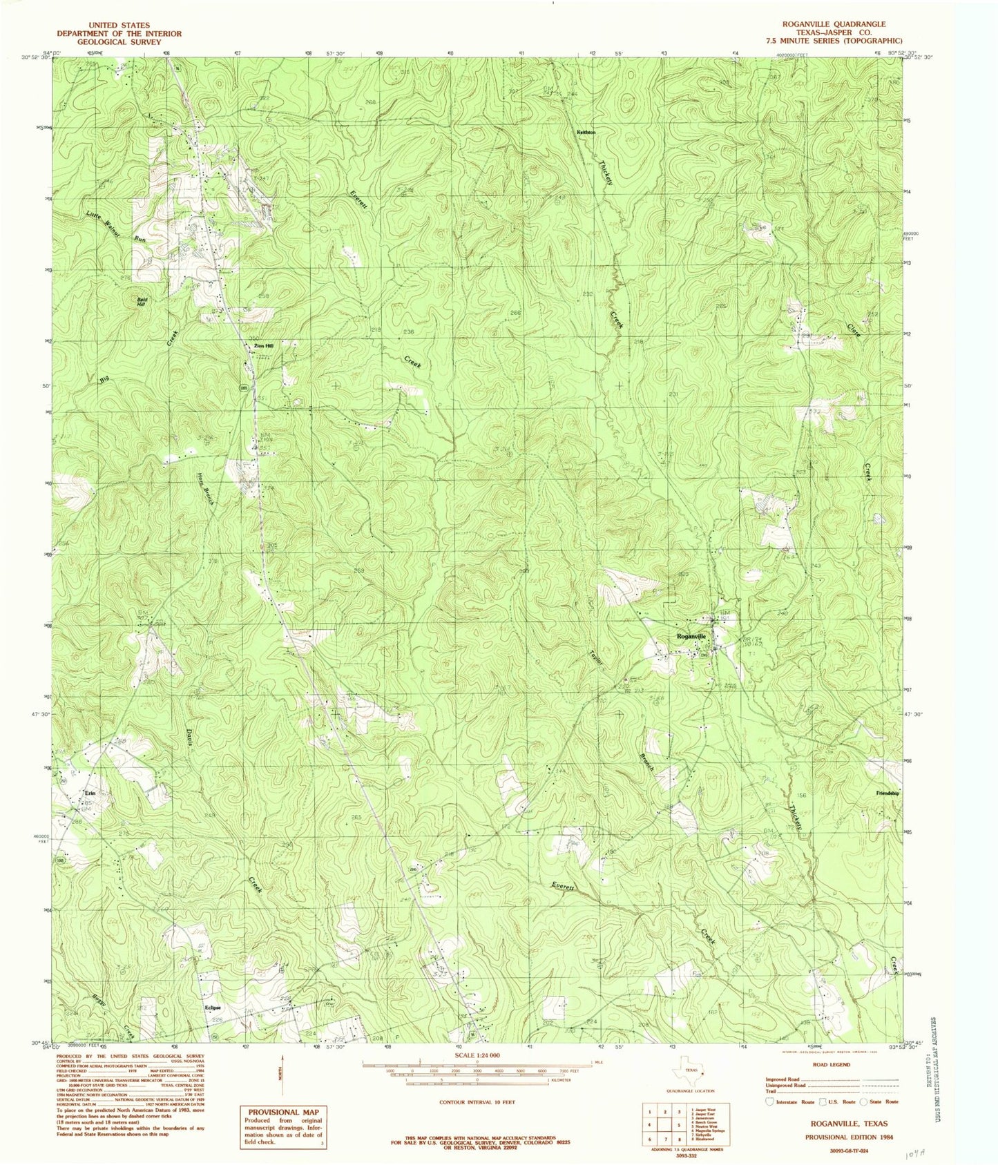Classic USGS Roganville Texas 7.5'x7.5' Topo Map Image