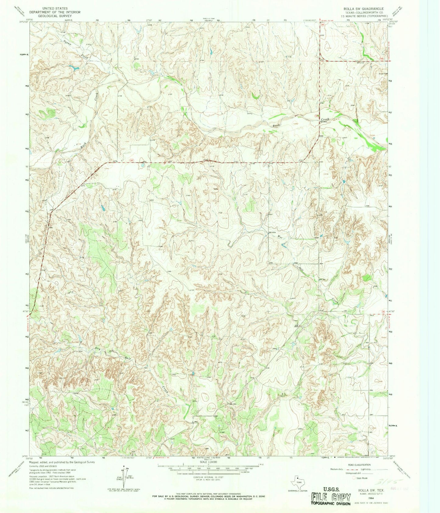 Classic USGS Rolla SW Texas 7.5'x7.5' Topo Map Image