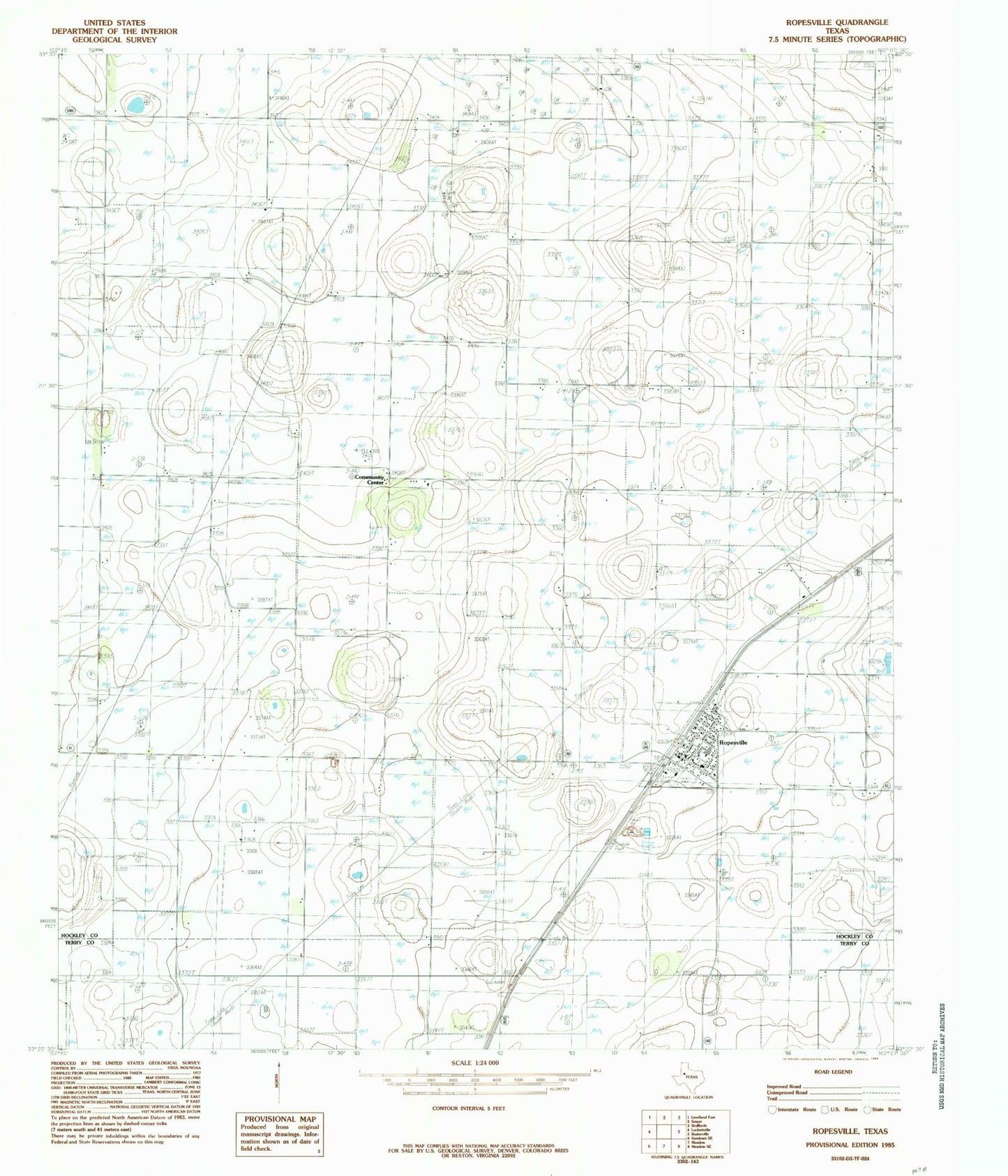 Classic USGS Ropesville Texas 7.5'x7.5' Topo Map Image