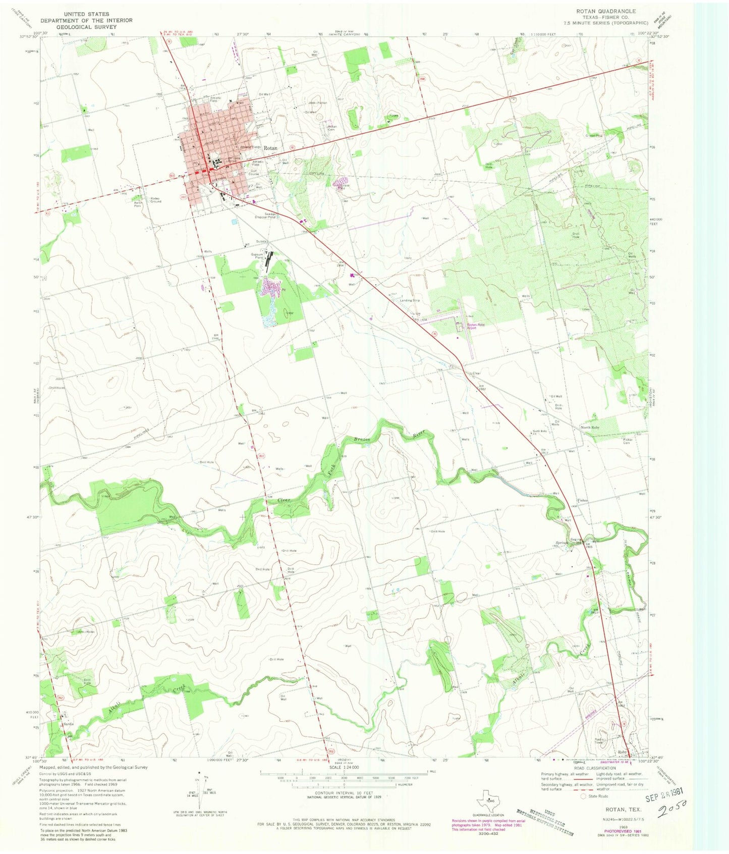 Classic USGS Rotan Texas 7.5'x7.5' Topo Map Image