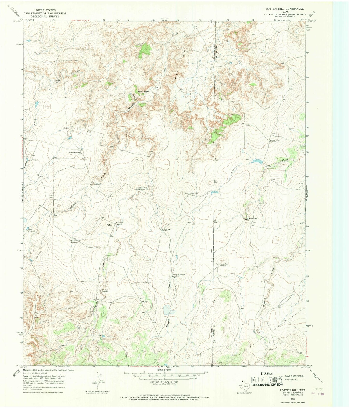 Classic USGS Rotten Hill Texas 7.5'x7.5' Topo Map Image