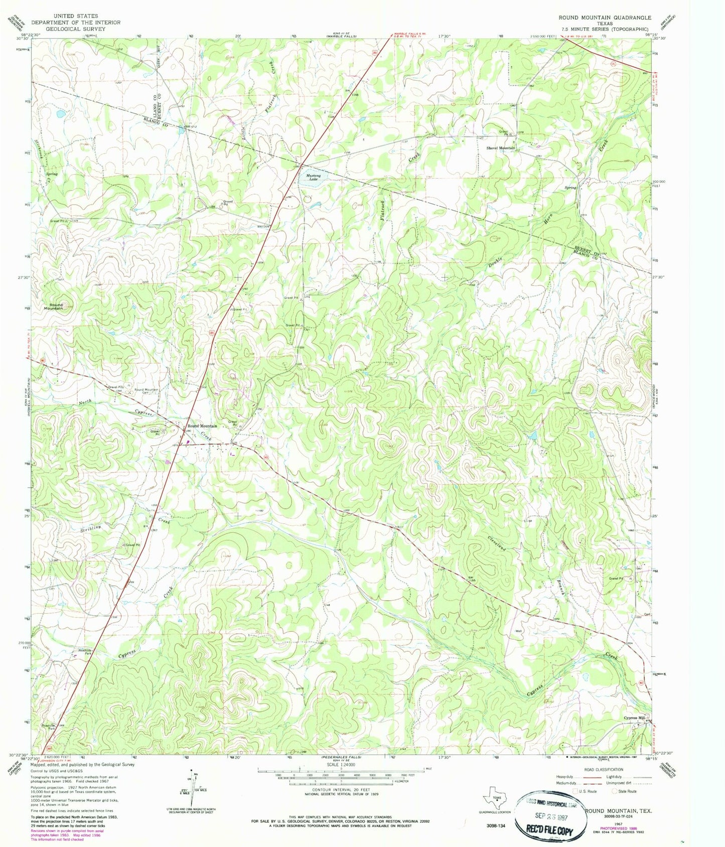Classic USGS Round Mountain Texas 7.5'x7.5' Topo Map Image