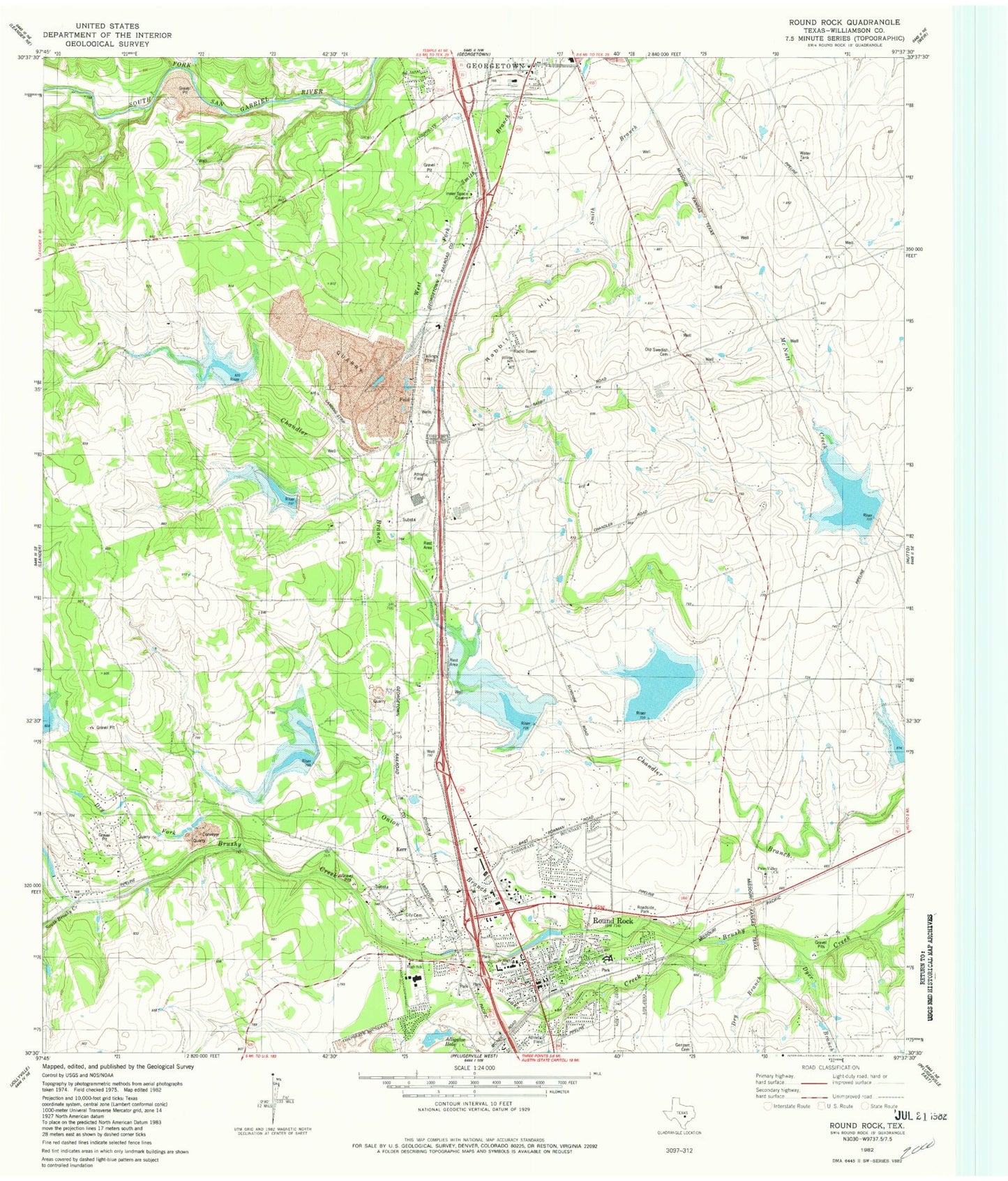Classic USGS Round Rock Texas 7.5'x7.5' Topo Map Image