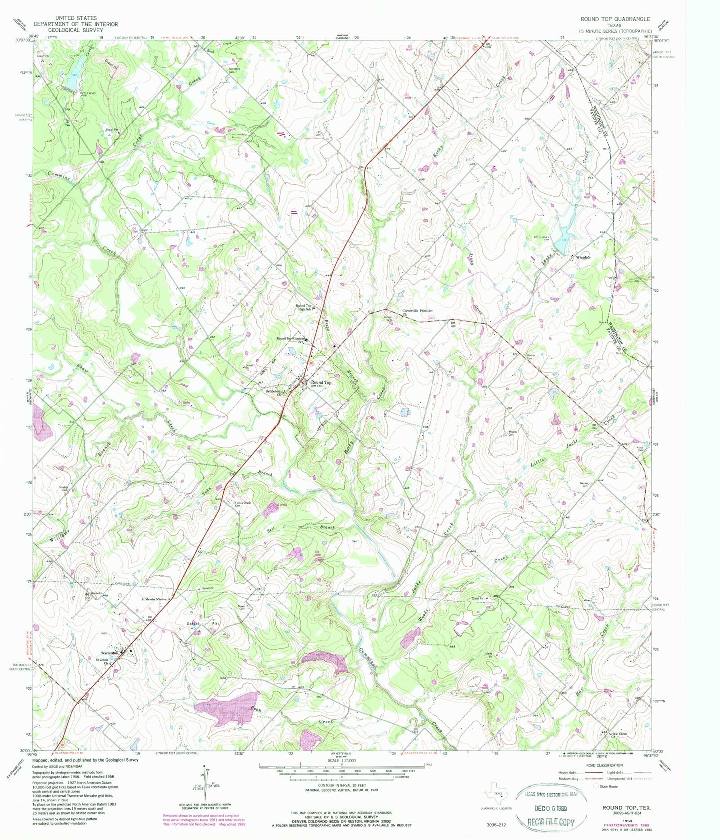 Classic USGS Round Top Texas 7.5'x7.5' Topo Map Image