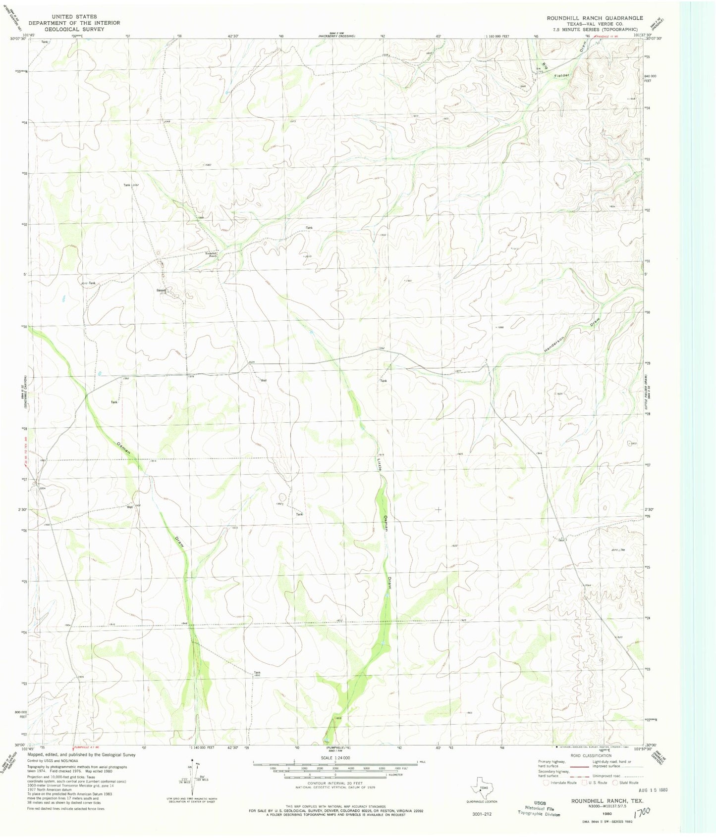 Classic USGS Roundhill Ranch Texas 7.5'x7.5' Topo Map Image