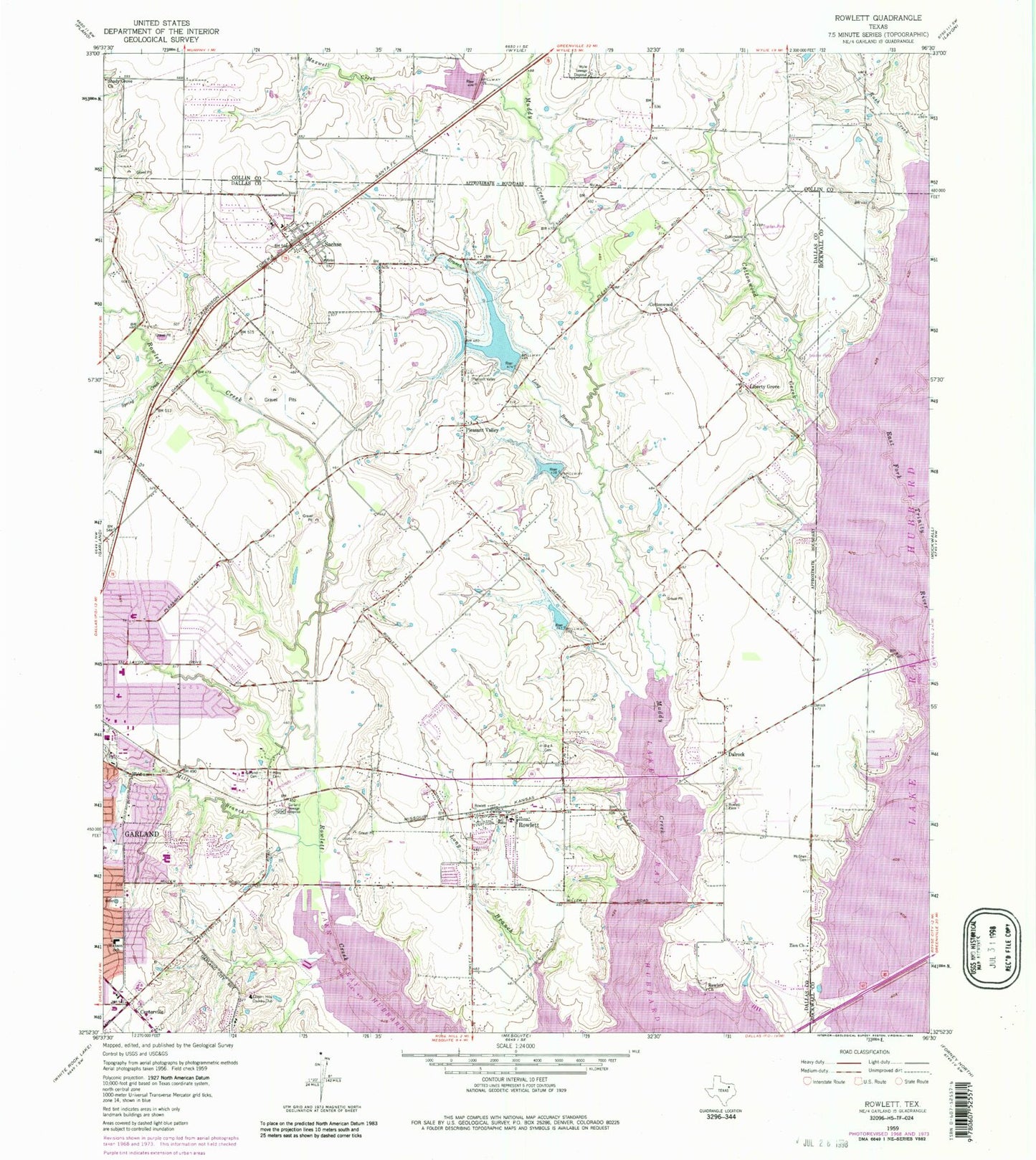 Classic USGS Rowlett Texas 7.5'x7.5' Topo Map Image