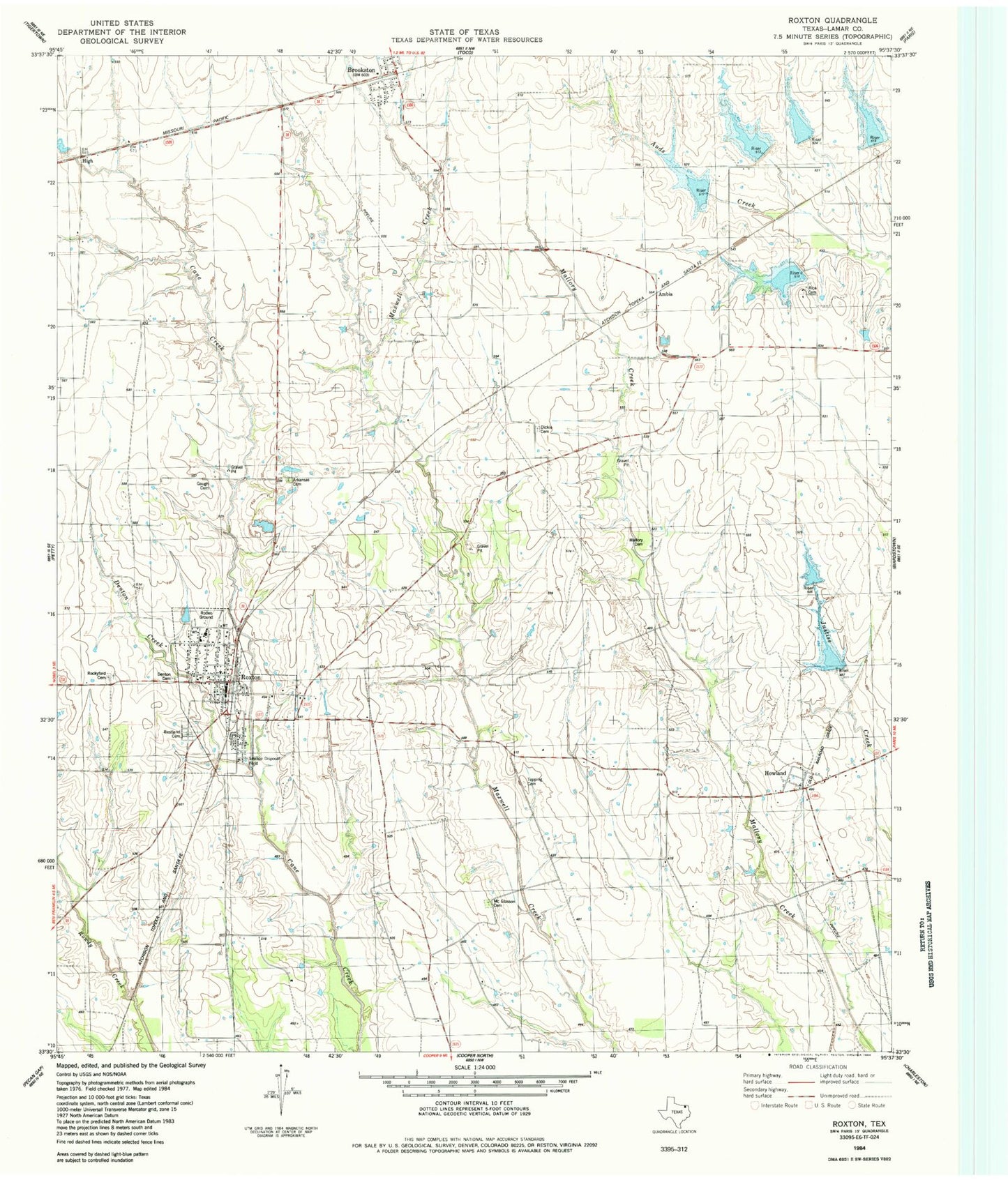 Classic USGS Roxton Texas 7.5'x7.5' Topo Map Image
