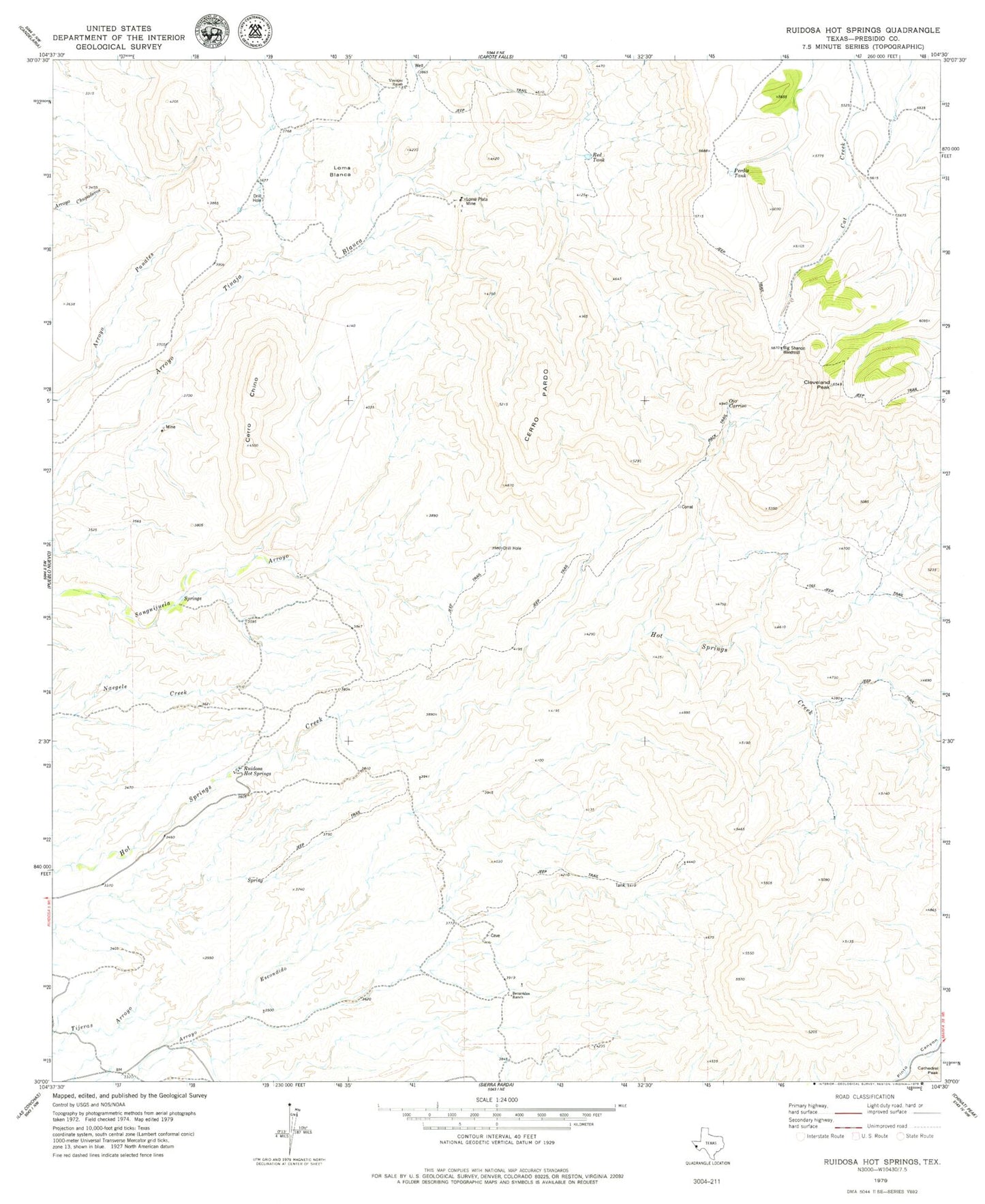 Classic USGS Ruidosa Hot Springs Texas 7.5'x7.5' Topo Map Image