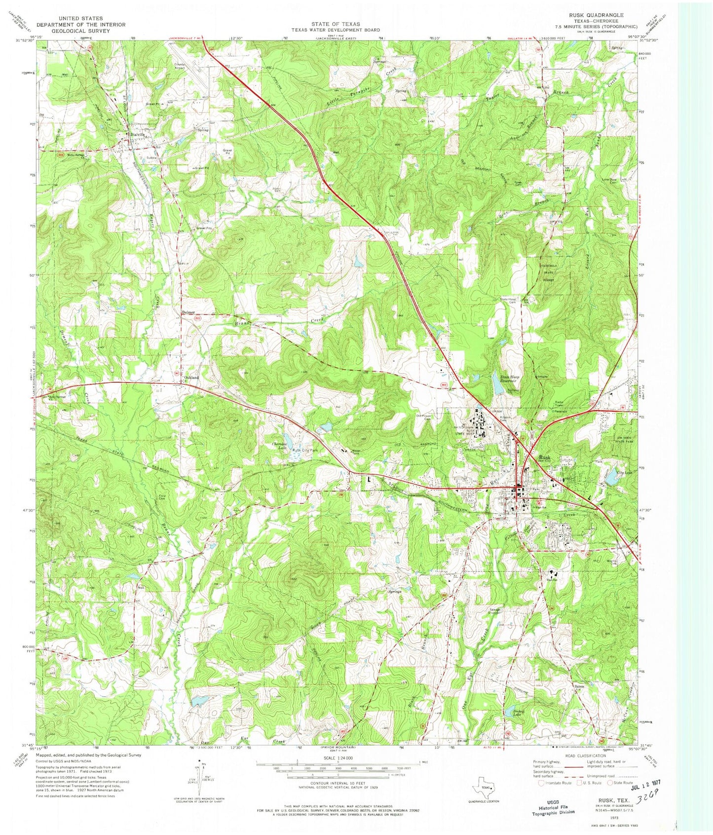 Classic USGS Rusk Texas 7.5'x7.5' Topo Map Image