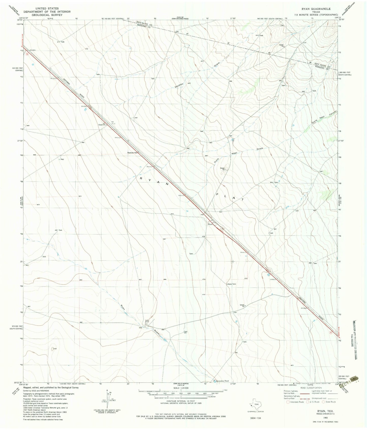 Classic USGS Ryan Texas 7.5'x7.5' Topo Map Image