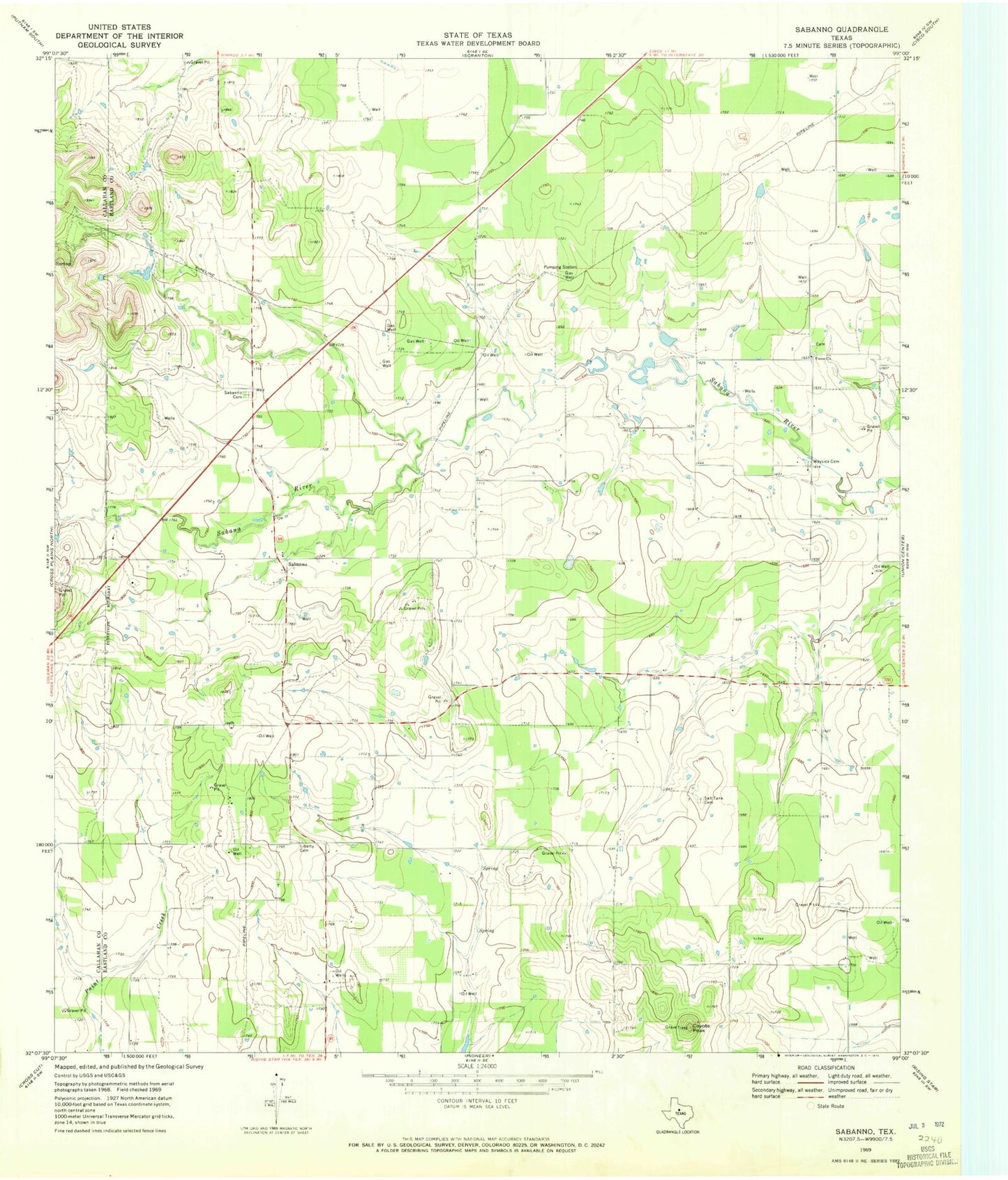 Classic USGS Sabanno Texas 7.5'x7.5' Topo Map Image