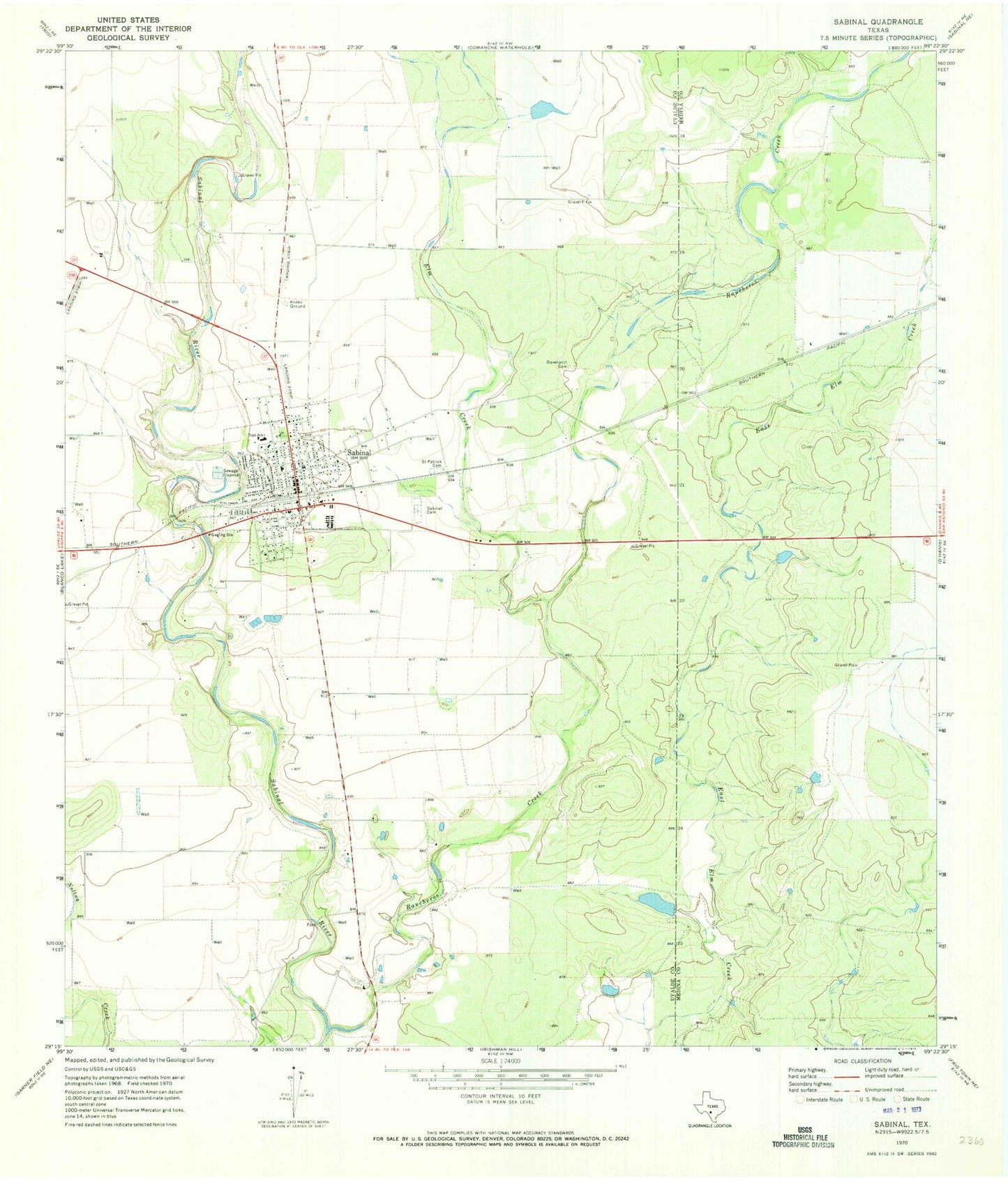 Classic USGS Sabinal Texas 7.5'x7.5' Topo Map Image