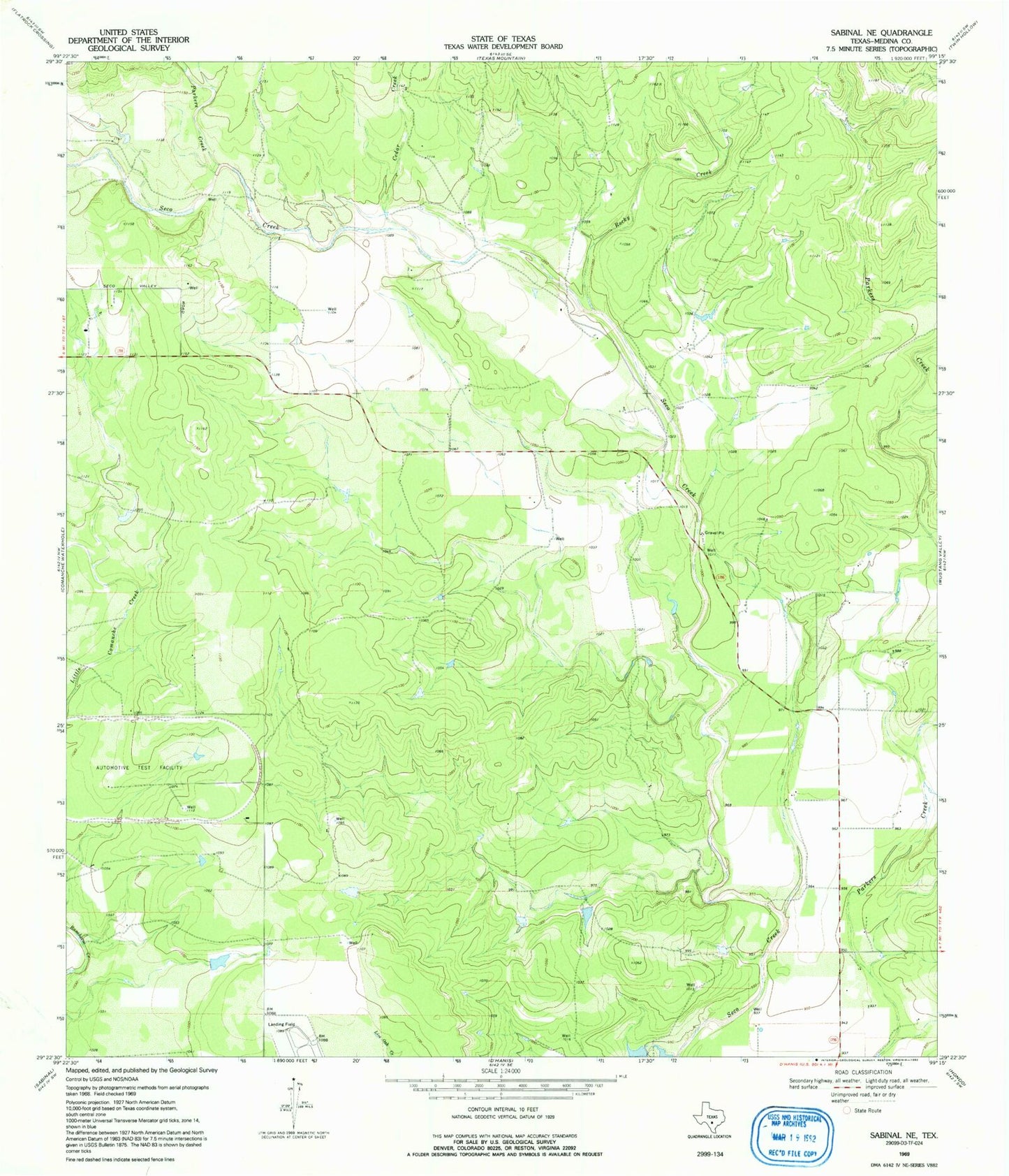 Classic USGS Sabinal NE Texas 7.5'x7.5' Topo Map Image