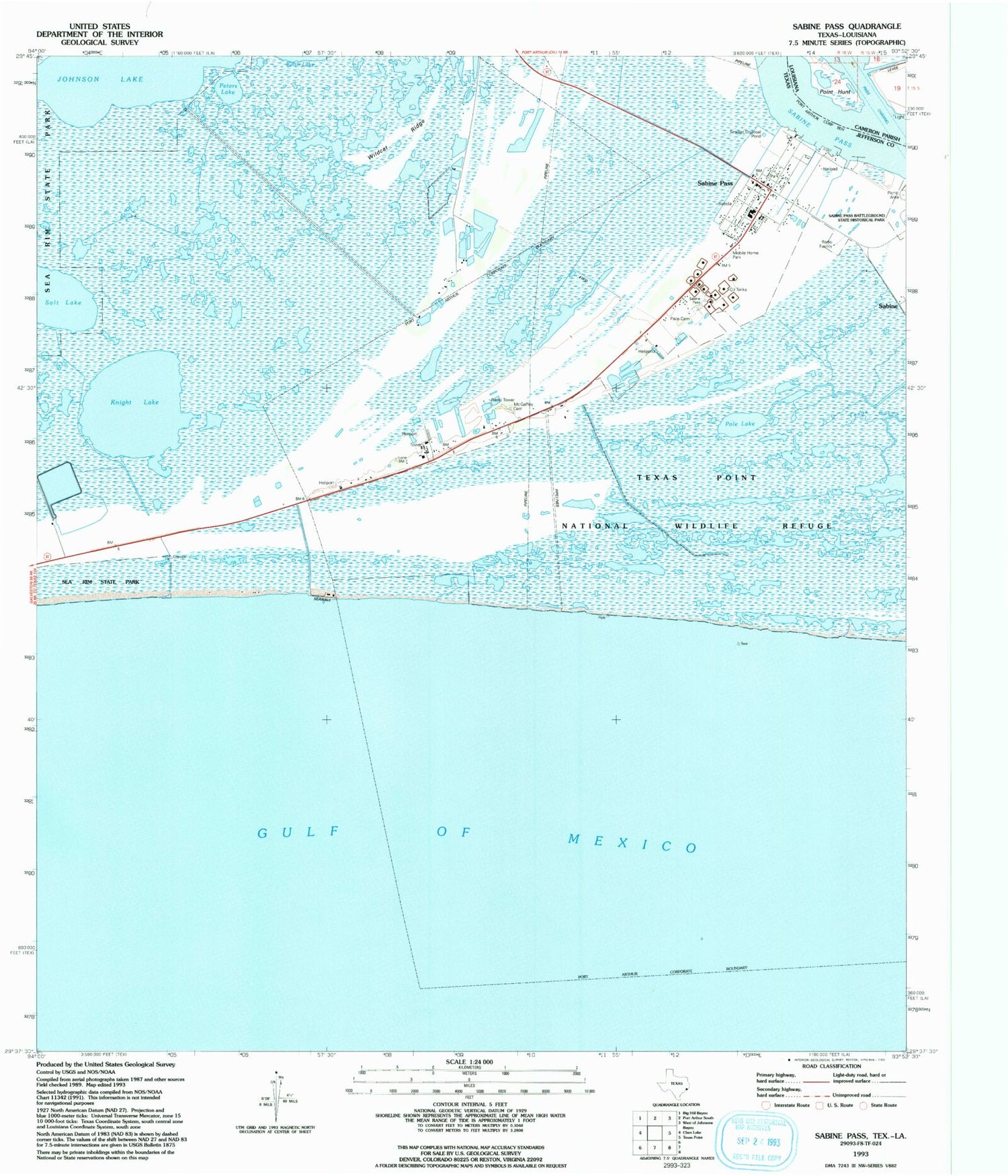 Classic USGS Sabine Pass Texas 7.5'x7.5' Topo Map Image