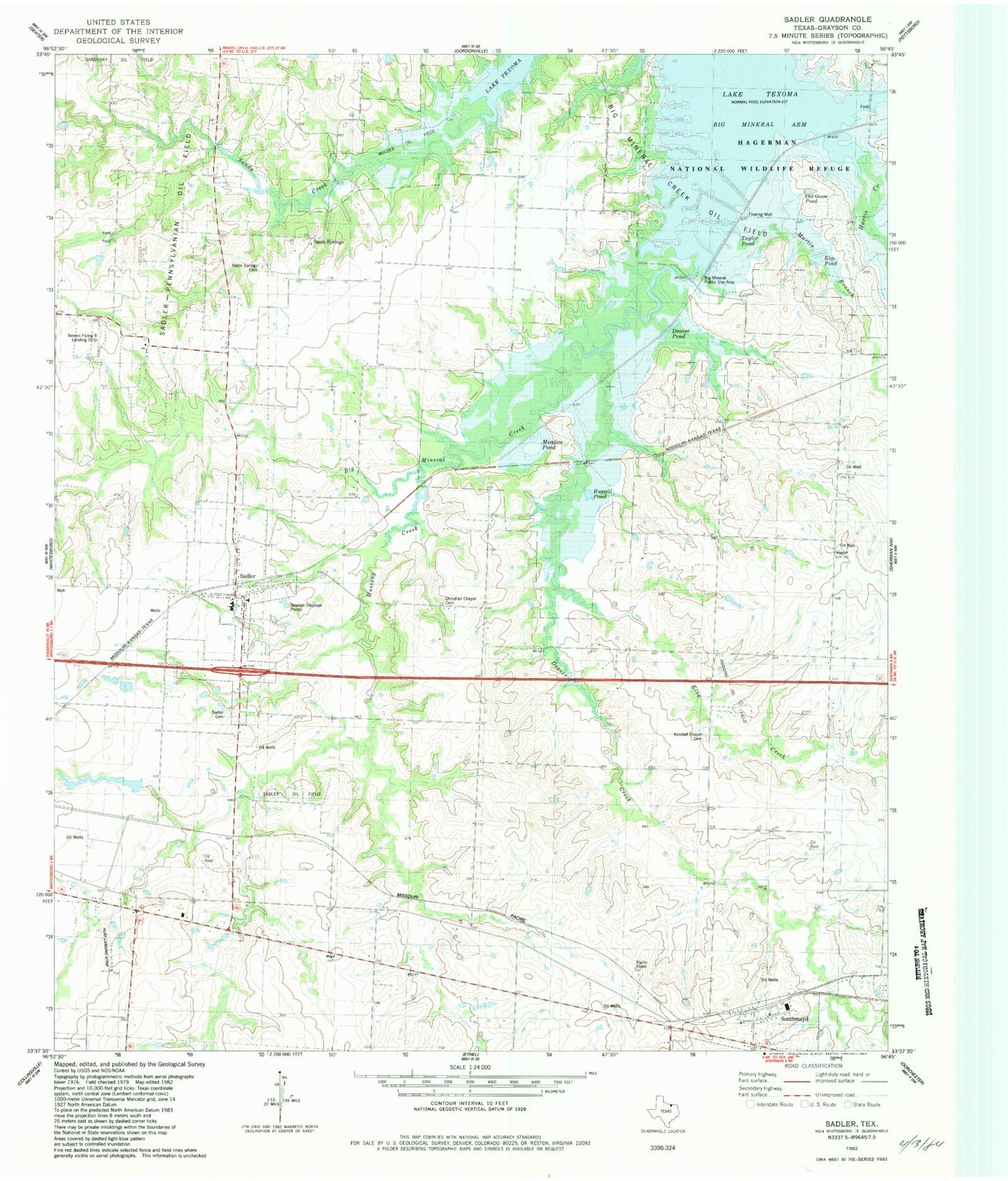 Classic USGS Sadler Texas 7.5'x7.5' Topo Map Image