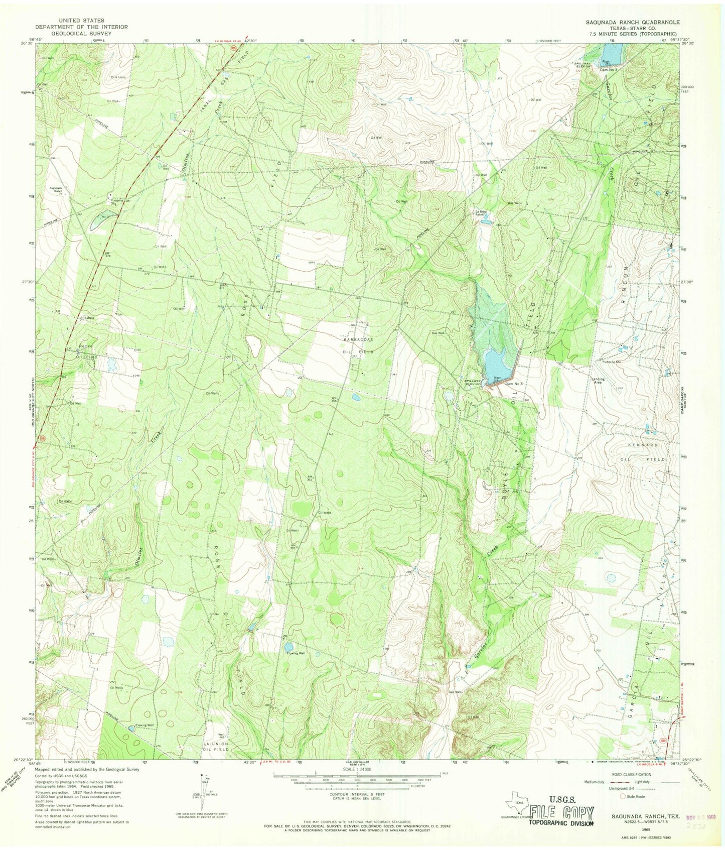 Classic USGS Sagunada Ranch Texas 7.5'x7.5' Topo Map Image