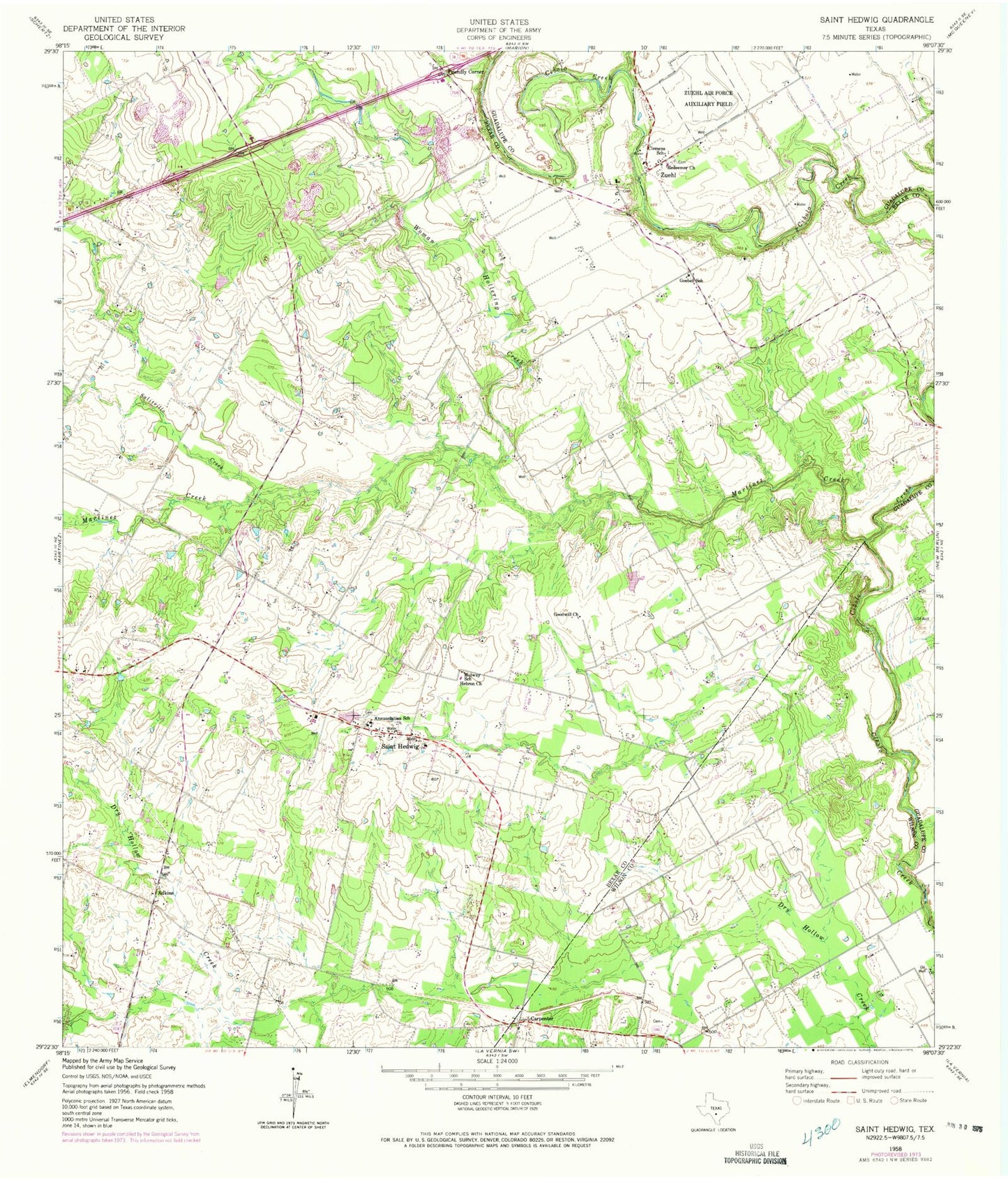 Classic USGS Saint Hedwig Texas 7.5'x7.5' Topo Map Image