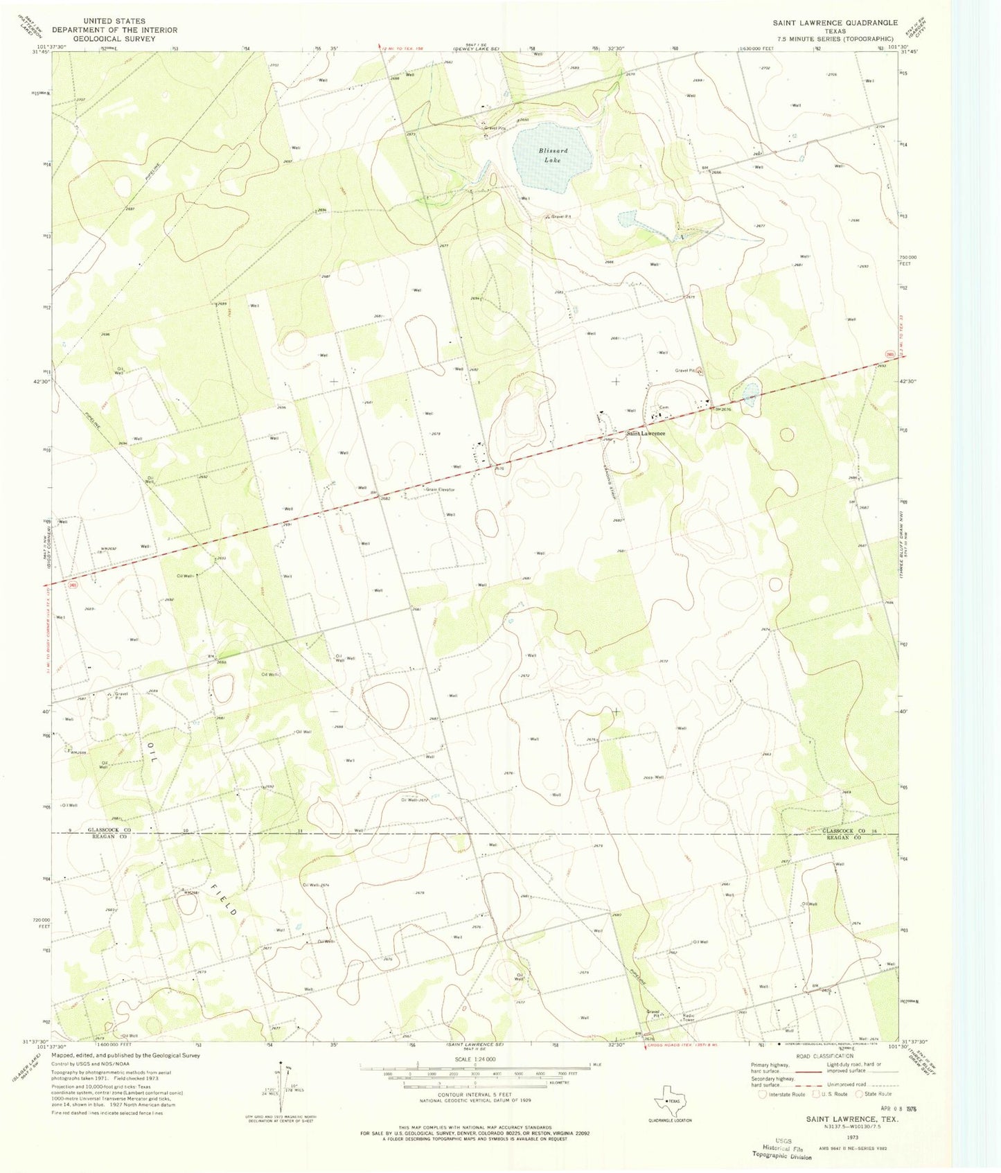 Classic USGS Saint Lawrence Texas 7.5'x7.5' Topo Map Image