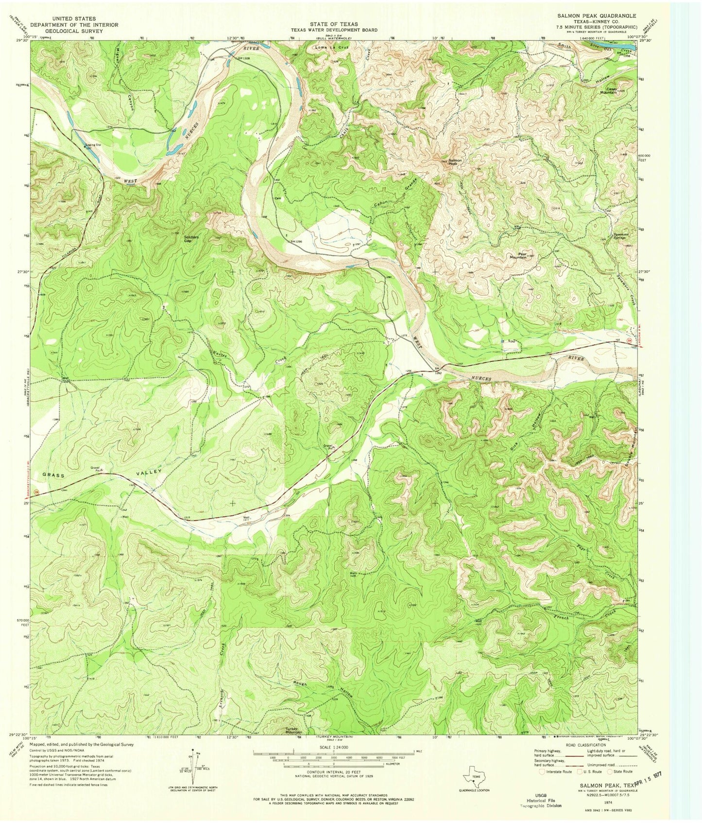 Classic USGS Salmon Peak Texas 7.5'x7.5' Topo Map Image