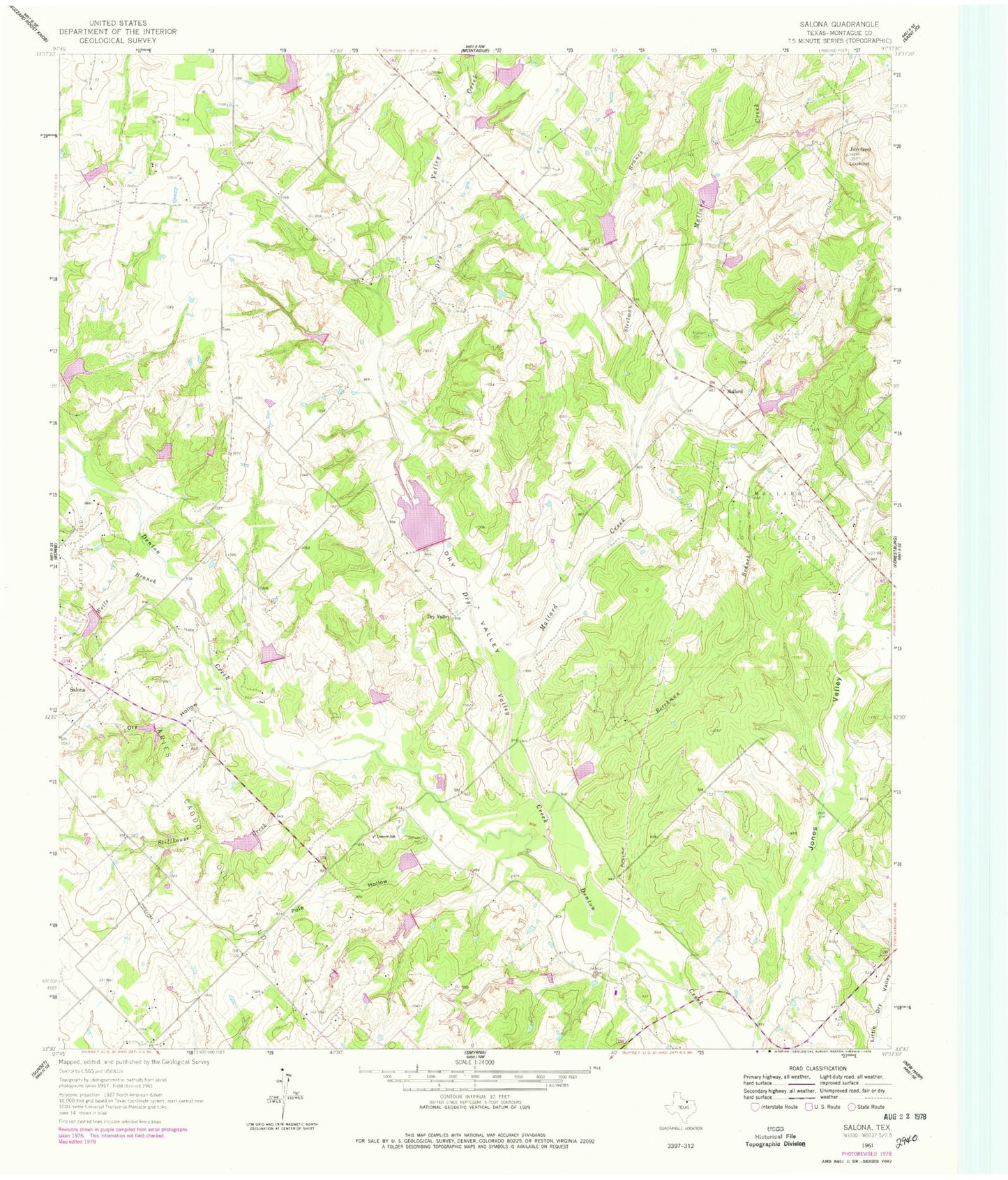 Classic USGS Salona Texas 7.5'x7.5' Topo Map Image