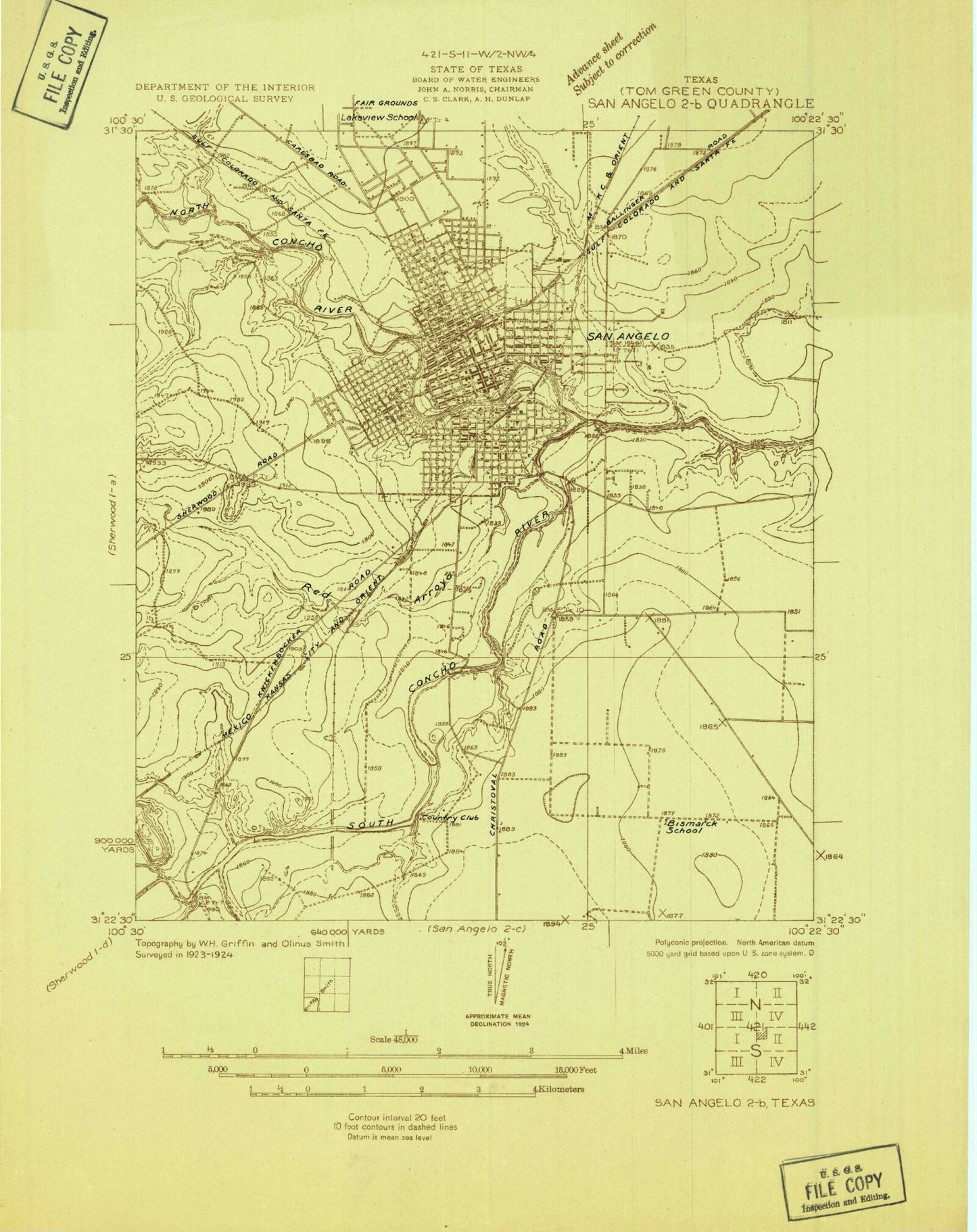 Classic USGS San Angelo South Texas 7.5'x7.5' Topo Map Image