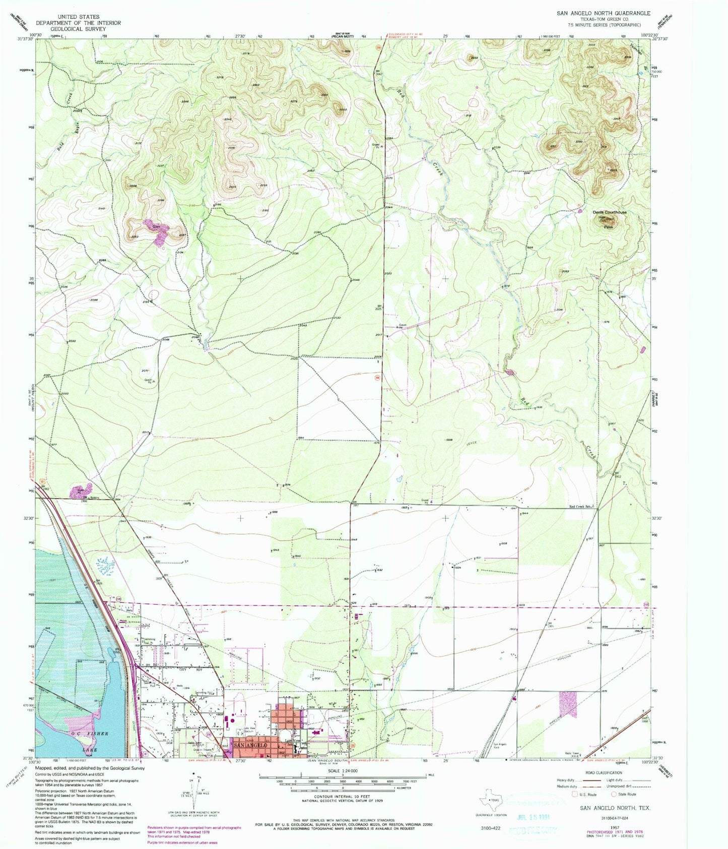 Classic USGS San Angelo North Texas 7.5'x7.5' Topo Map Image