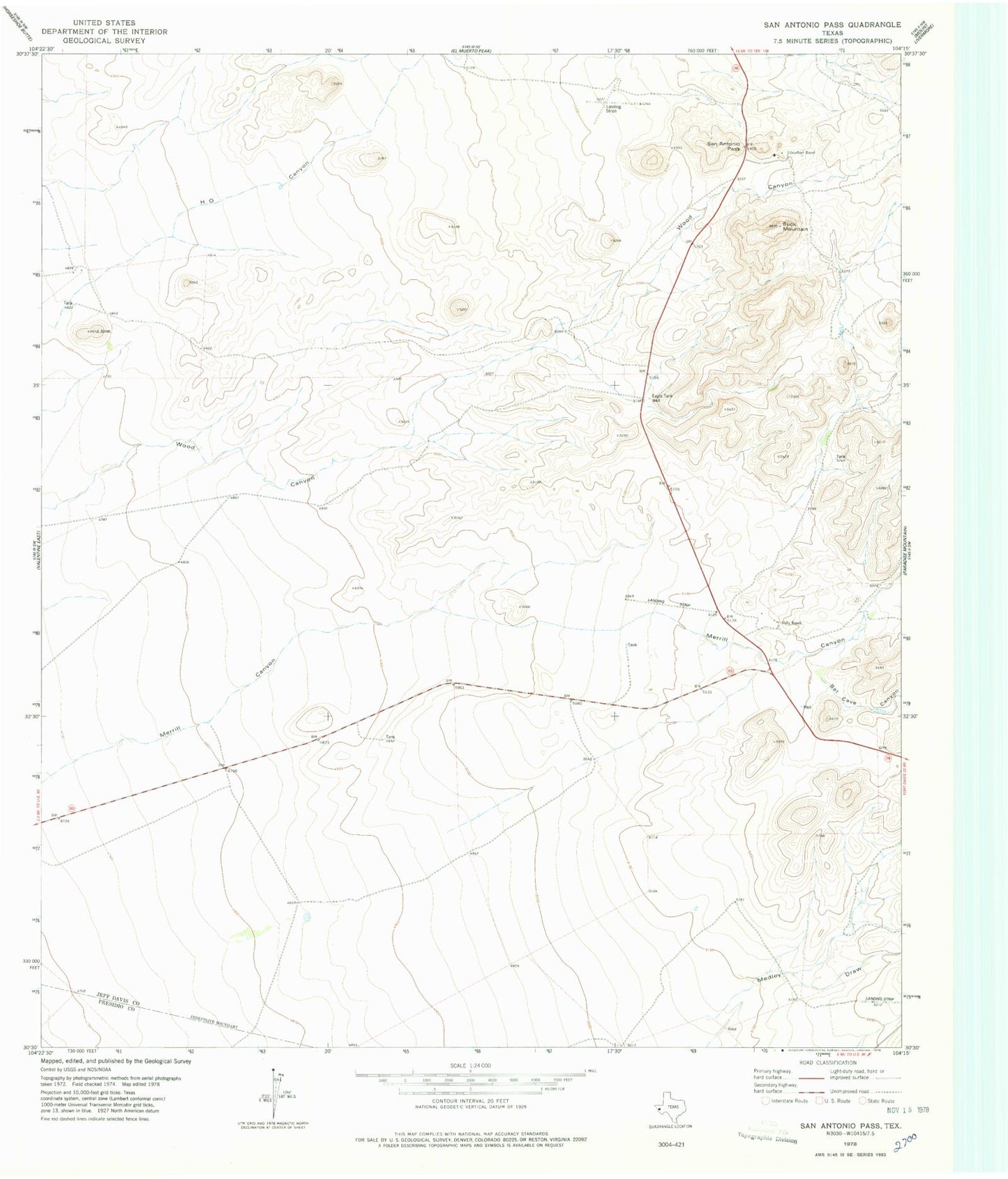 Classic USGS San Antonio Pass Texas 7.5'x7.5' Topo Map Image