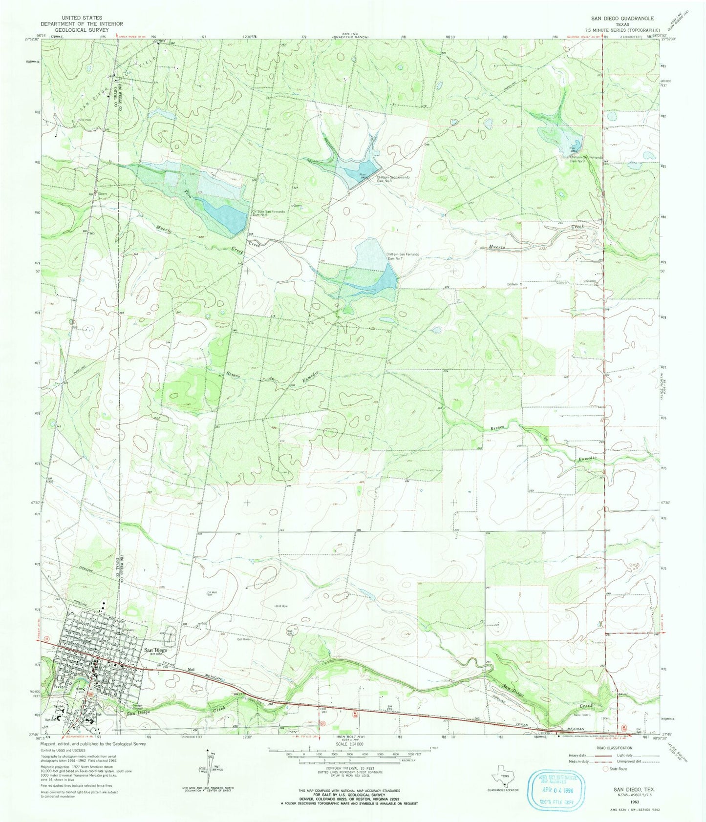 Classic USGS San Diego Texas 7.5'x7.5' Topo Map Image