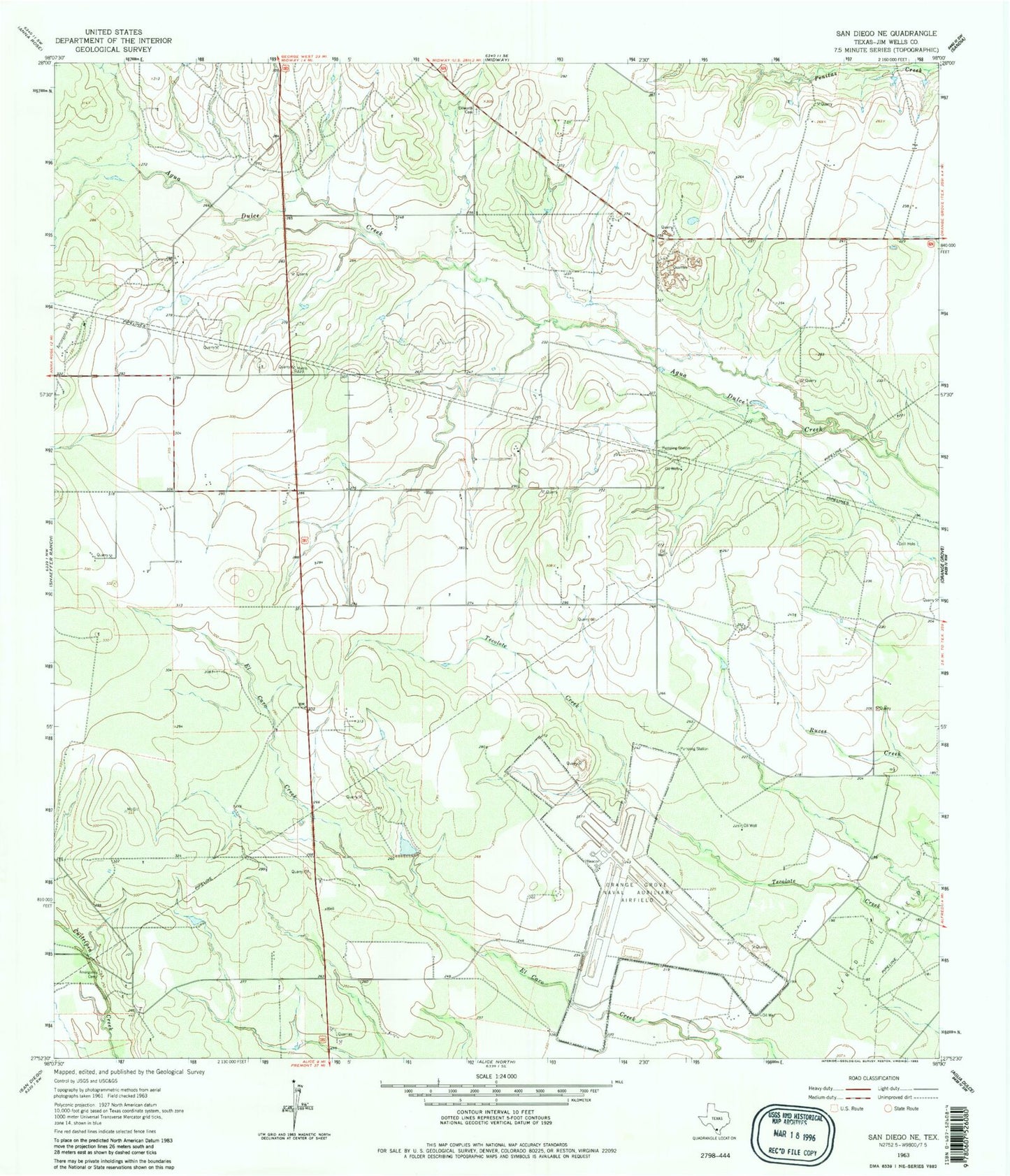 Classic USGS San Diego NE Texas 7.5'x7.5' Topo Map Image