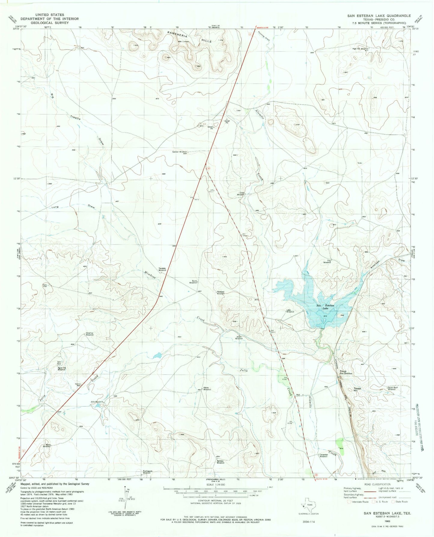 Classic USGS San Esteban Lake Texas 7.5'x7.5' Topo Map Image