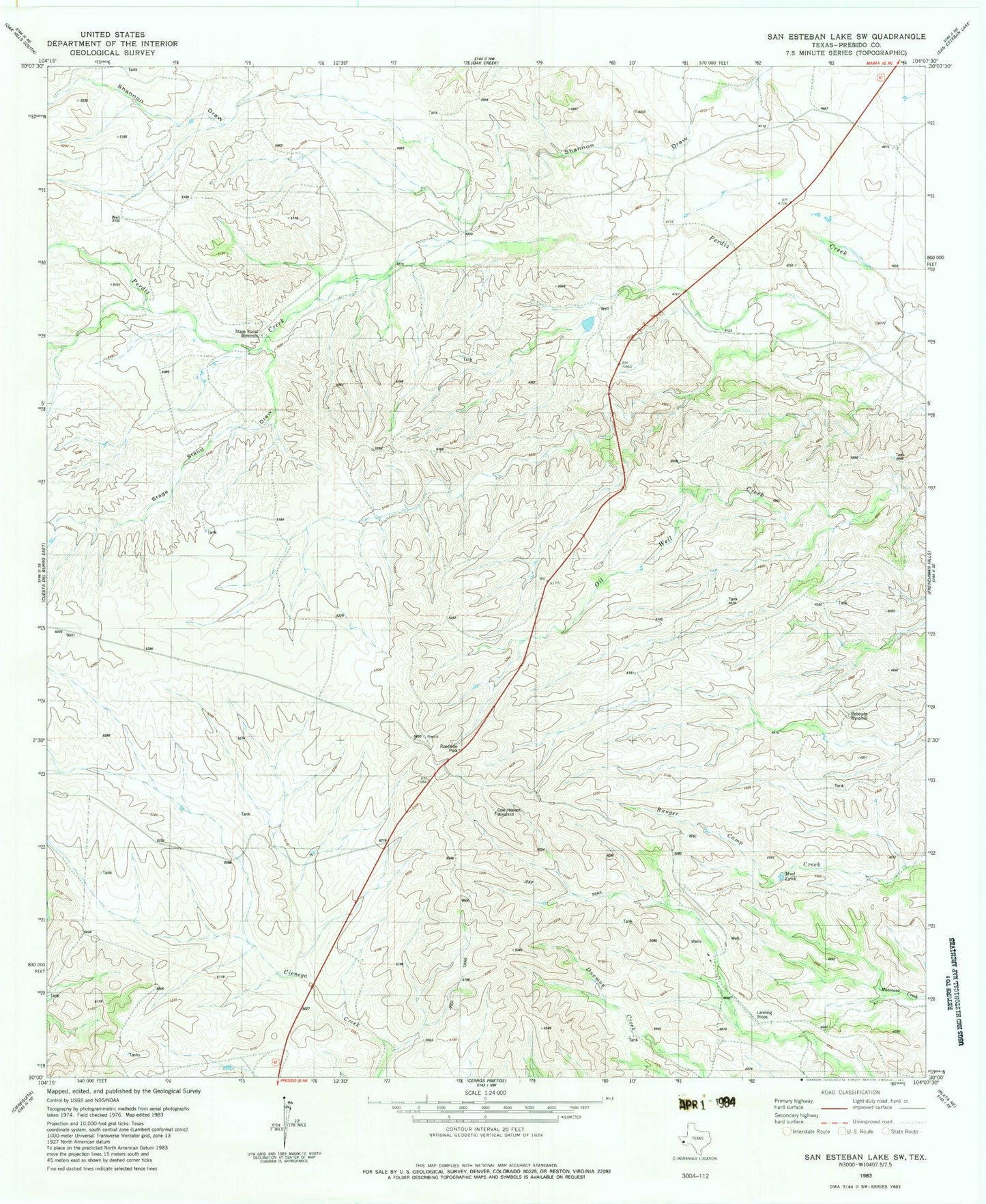 Classic USGS San Esteban Lake SW Texas 7.5'x7.5' Topo Map Image