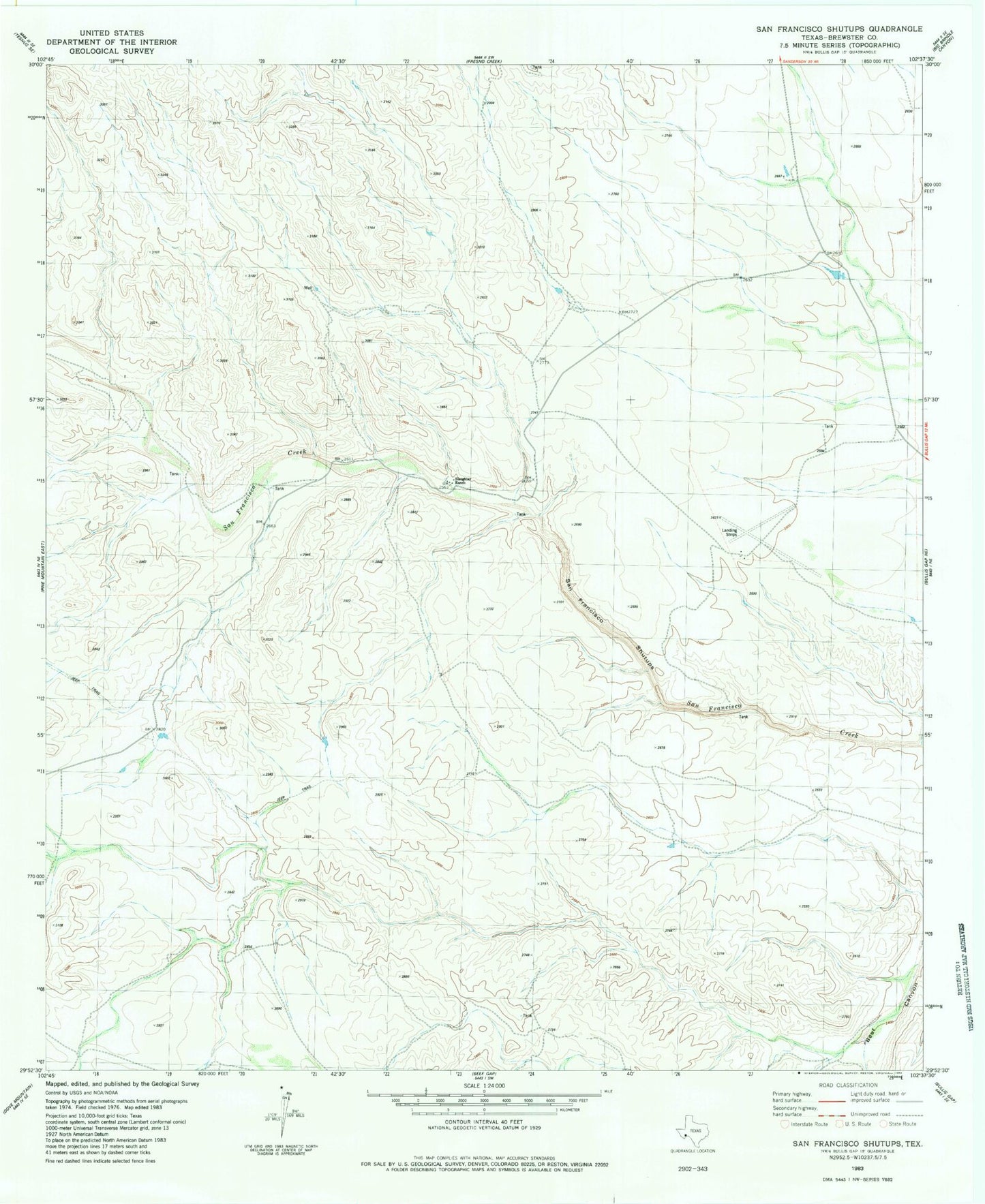 Classic USGS San Francisco Shutups Texas 7.5'x7.5' Topo Map Image