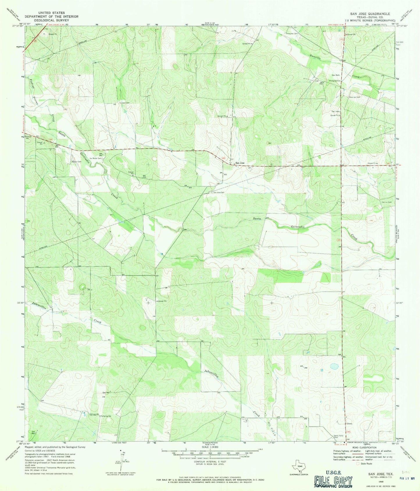 Classic USGS San Jose Texas 7.5'x7.5' Topo Map Image
