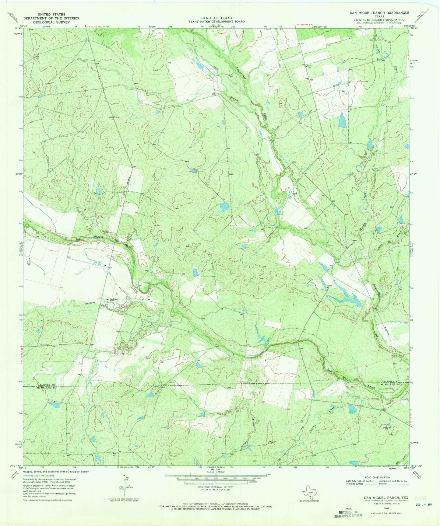 Classic USGS San Miguel Ranch Texas 7.5'x7.5' Topo Map Image