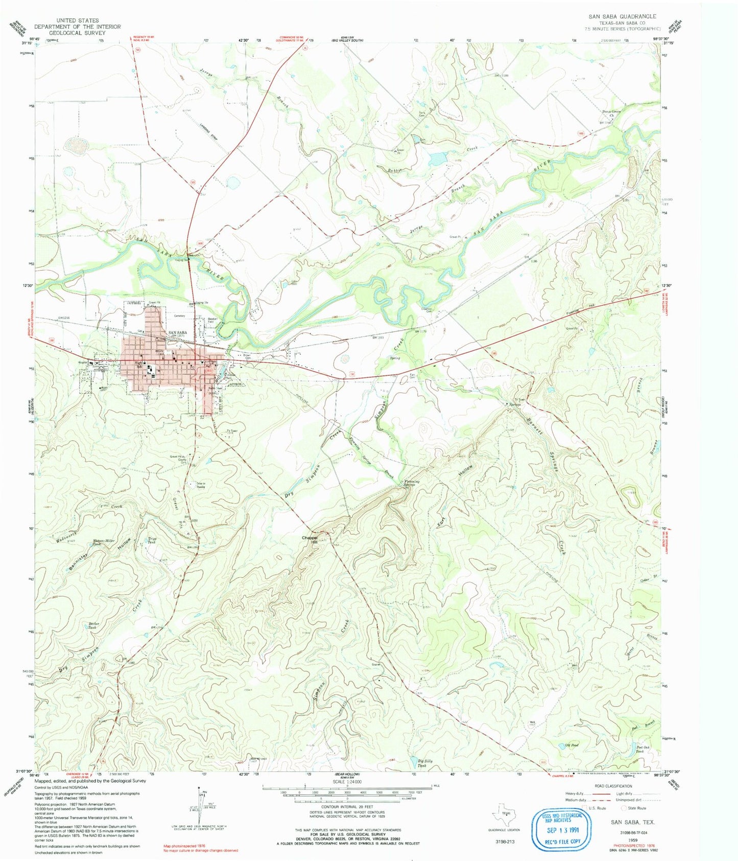 Classic USGS San Saba Texas 7.5'x7.5' Topo Map Image