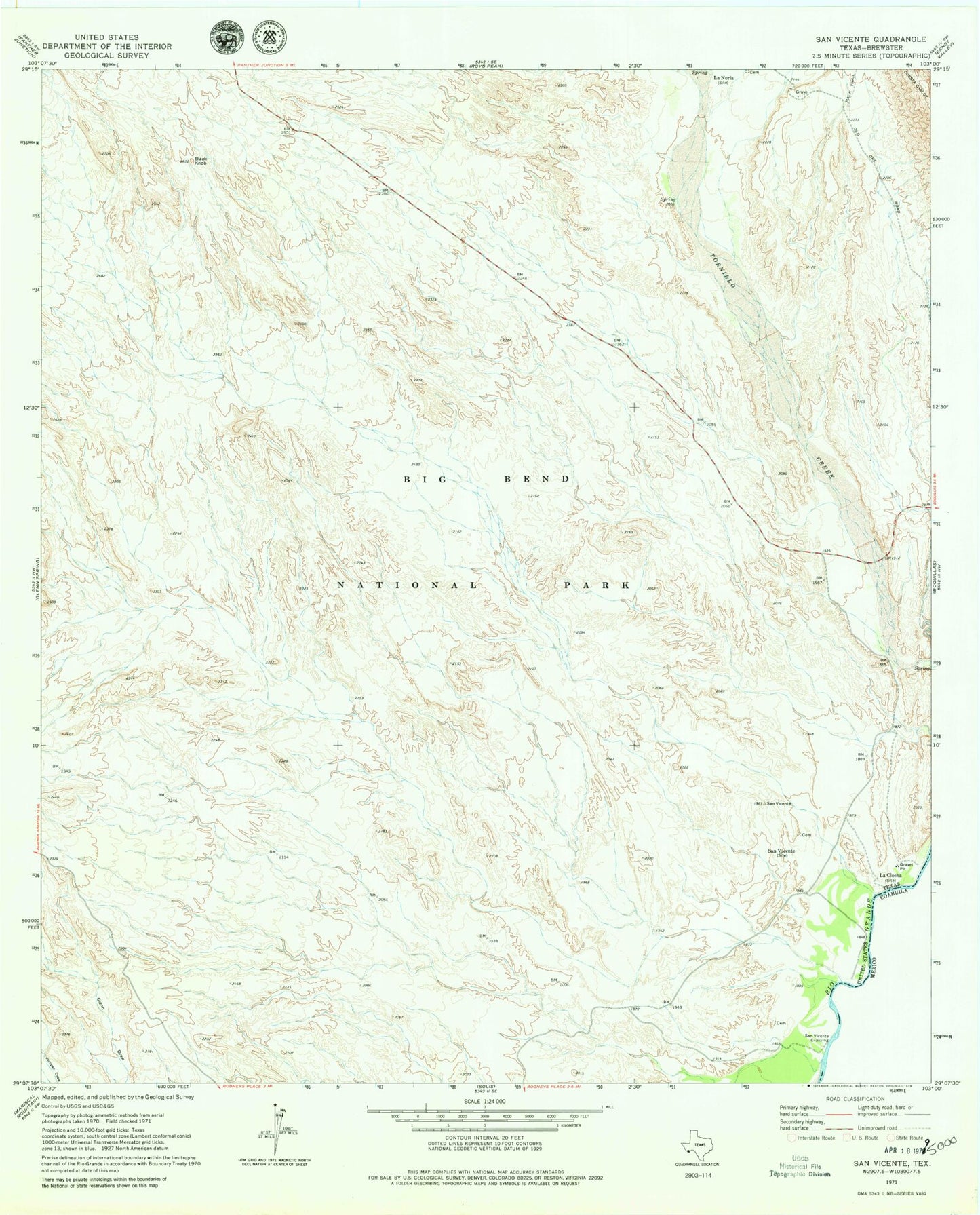 Classic USGS San Vicente Texas 7.5'x7.5' Topo Map Image